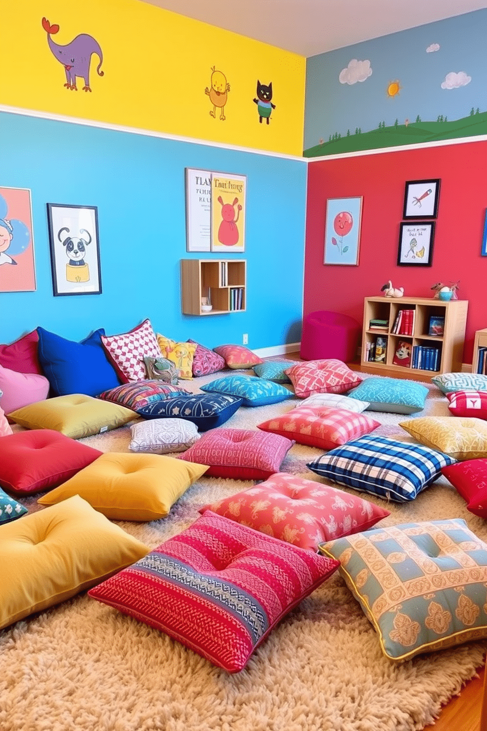 A vibrant playroom filled with colorful floor pillows scattered across a soft, plush rug. The walls are painted in cheerful hues, and playful artwork adorns the space, creating an inviting atmosphere for casual lounging. The floor pillows come in various sizes and patterns, providing comfort and style for children to relax and play. A cozy reading nook with a small bookshelf and bean bags enhances the playful vibe, making it a perfect retreat for imaginative adventures.