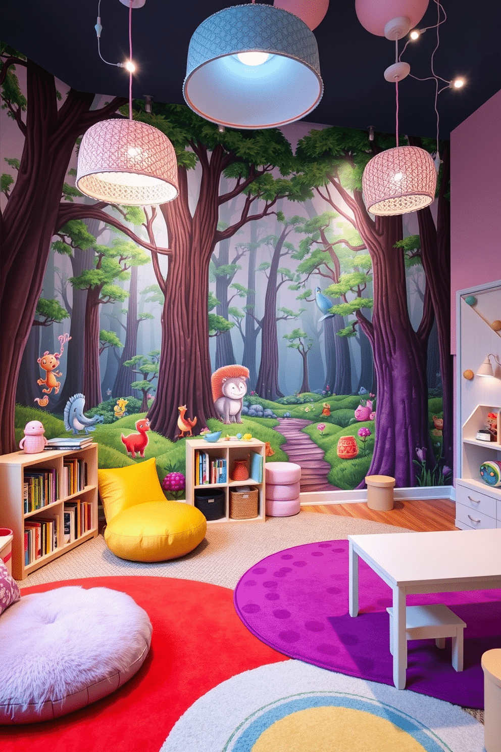 A whimsical playroom designed for imaginative adventures features a vibrant mural depicting a fantastical forest filled with colorful creatures and towering trees. The walls are painted in soft pastels, and the space includes a cozy reading nook with plush cushions and a small bookshelf filled with storybooks. The playroom is equipped with interactive play areas, such as a climbing wall and a craft station, encouraging creativity and exploration. Brightly colored rugs define different zones, while whimsical lighting fixtures add a magical touch to the overall ambiance.