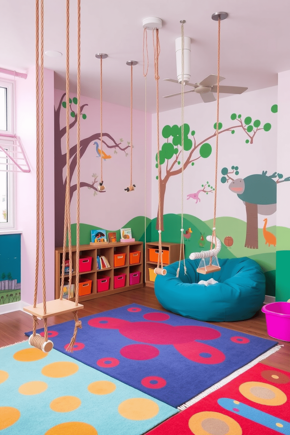 A whimsical playroom featuring hanging swings suspended from the ceiling, creating an inviting atmosphere for children to enjoy playful movement. The walls are adorned with vibrant murals of trees and animals, while soft, colorful rugs cover the floor to provide a cozy play area. In one corner, a cozy reading nook is set up with oversized bean bags and a bookshelf filled with children's books. Brightly colored storage bins are neatly organized to hold toys, ensuring the space remains tidy and functional.