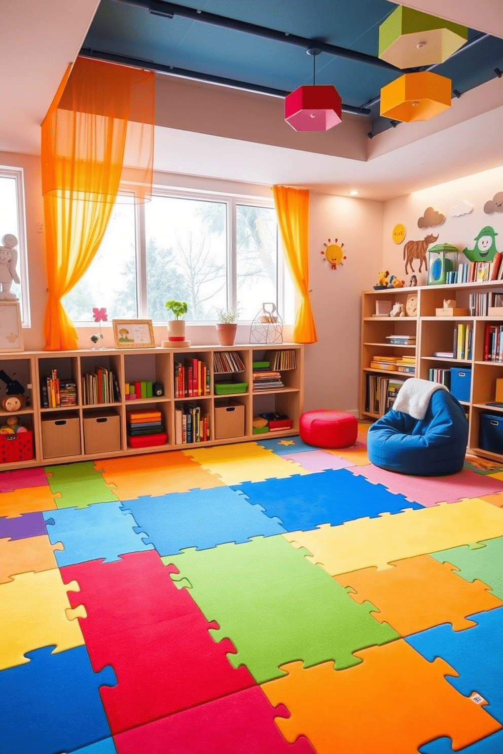 A vibrant playroom designed with colorful puzzle mats that provide safe and cushioned play surfaces for children. The walls are adorned with playful murals, while shelves are filled with toys and books, creating an inviting and stimulating environment. The room features a cozy reading nook with plush bean bags and soft lighting, encouraging quiet time and imagination. Brightly colored curtains frame the windows, allowing natural light to flood the space, enhancing the cheerful atmosphere.