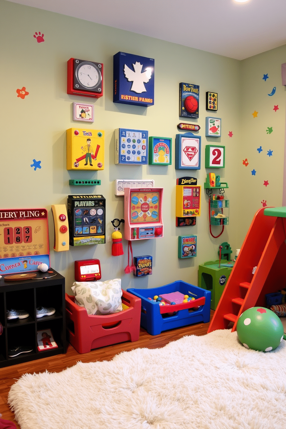 A vibrant playroom features wall-mounted games creatively arranged for vertical fun, maximizing space while providing engaging activities for children. The walls are adorned with colorful decals, and a soft, plush rug covers the floor, creating a cozy area for play and relaxation.