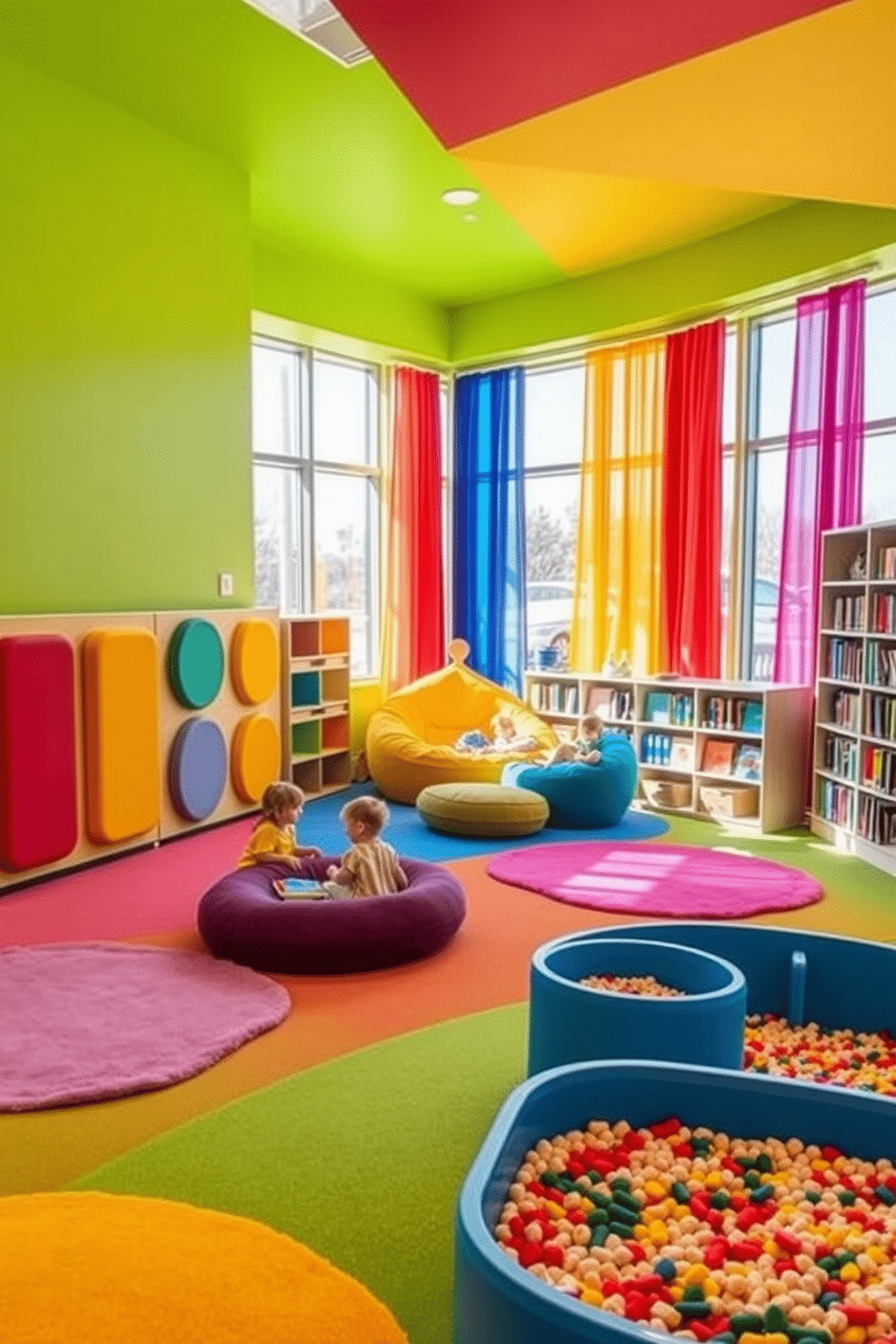 A vibrant sensory play area designed for children, featuring colorful soft flooring and interactive wall panels. The space includes a variety of textures, such as plush rugs and sensory bins filled with different materials, encouraging exploration and creativity. In one corner, a cozy reading nook is created with oversized bean bags and shelves filled with colorful books. Brightly colored curtains frame large windows, allowing natural light to flood the room and enhance the cheerful atmosphere.