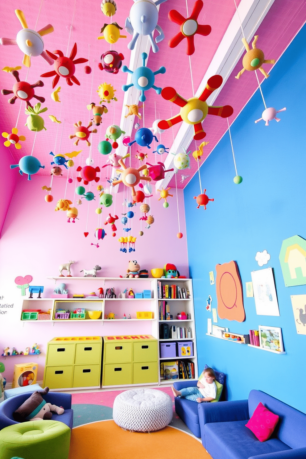 A whimsical playroom filled with vibrant colors and playful elements. The ceiling features an array of fun, colorful mobiles that sway gently, adding a dynamic visual interest to the space. The walls are adorned with cheerful, interactive artwork and shelves filled with toys and books. Soft, plush seating areas invite children to relax and engage in imaginative play, creating a cozy atmosphere.