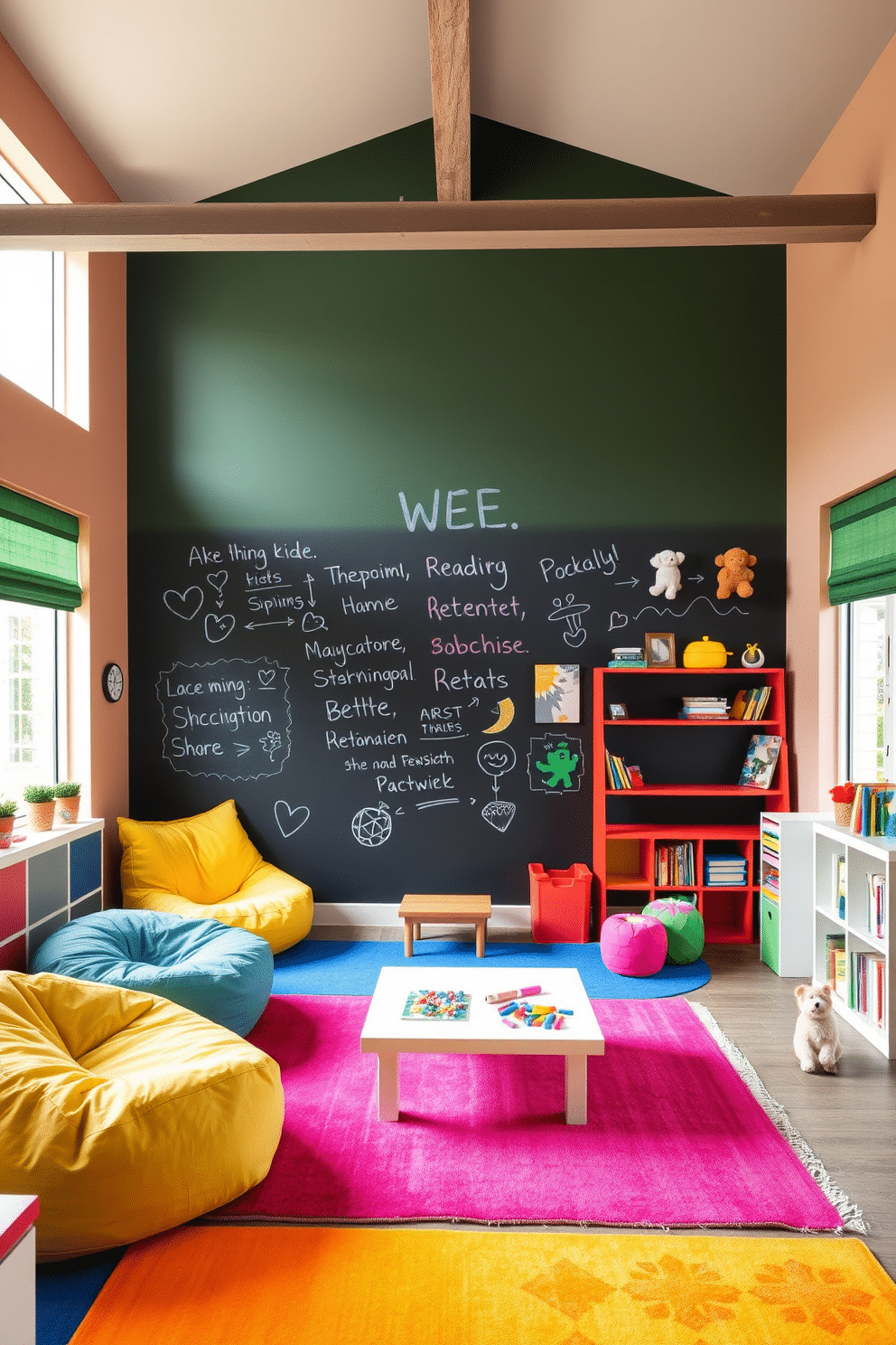 A vibrant playroom featuring an interactive chalkboard wall that encourages creativity and artistic expression. The space is filled with colorful furniture, including bean bags and a low table for art projects, creating a welcoming environment for children. Incorporate playful elements like a climbing wall and a cozy reading nook with shelves stocked with books. Brightly colored rugs define different activity zones, while large windows allow natural light to flood the room, enhancing the cheerful atmosphere.