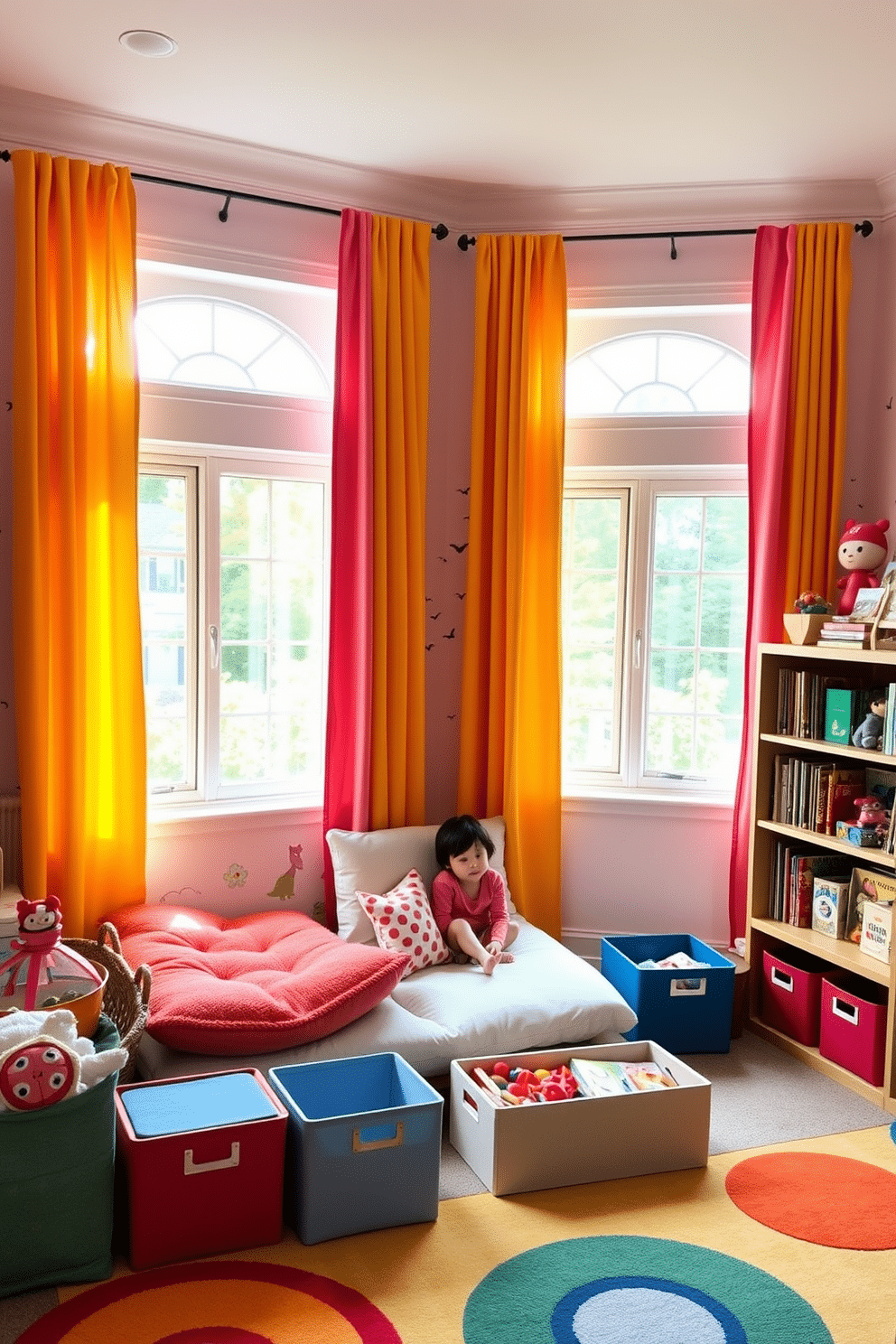 Bright curtains in cheerful colors frame the windows, allowing natural light to flood the room and create a vibrant atmosphere. The playful design features soft, colorful rugs and whimsical wall decals that stimulate creativity and imagination. The play area includes a cozy reading nook with plush cushions and shelves filled with books, inviting children to explore their favorite stories. A variety of engaging toys are neatly organized in stylish storage bins, ensuring the space remains tidy and functional while maintaining a fun aesthetic.