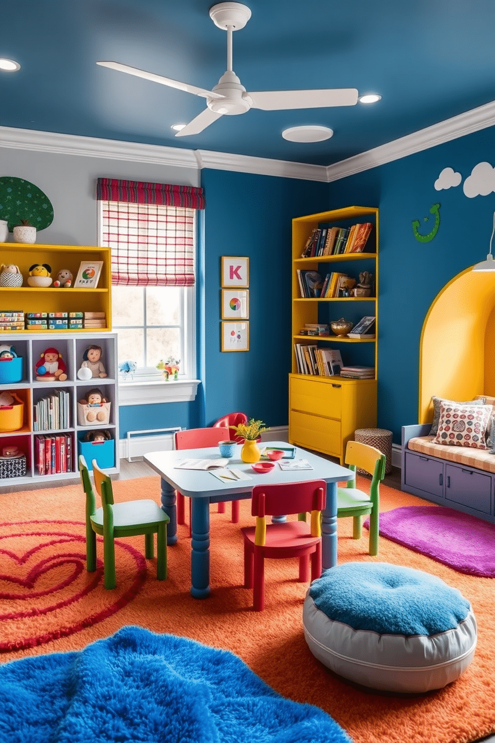 A whimsical playroom featuring kid-sized furniture designed for comfort and scale. The space includes a colorful table and chairs set, perfect for arts and crafts, surrounded by soft, plush rugs in vibrant hues. Brightly painted walls showcase playful murals, and shelves filled with toys and books are easily accessible for little ones. Cozy reading nooks with oversized cushions invite children to relax and enjoy their favorite stories.