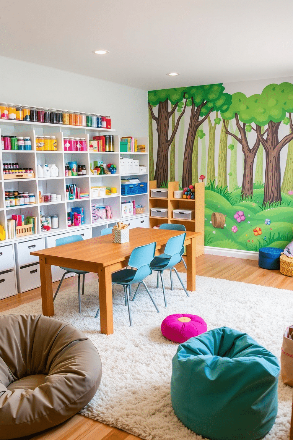 A bright and inviting DIY craft station filled with colorful supplies. The workspace features a large wooden table surrounded by comfortable chairs, with shelves lined with jars of paint, markers, and craft materials. A whimsical Havenly playroom designed for creativity and fun. The room includes a soft, plush rug, a cozy reading nook with bean bags, and a vibrant mural of a forest scene on the wall, encouraging imaginative play.