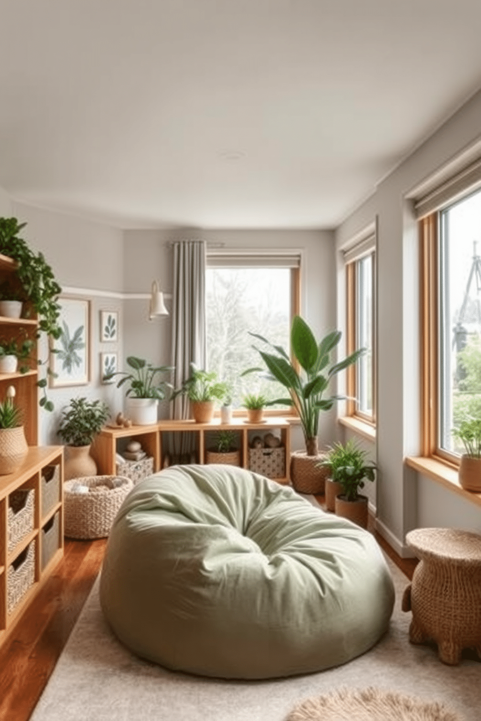 A serene playroom that embraces nature-inspired decor, featuring soft earth tones and organic textures. The walls are adorned with botanical prints, and natural wood elements are incorporated in furniture and shelving. A cozy reading nook is created with a plush, oversized bean bag chair in a muted green fabric. Large windows allow natural light to flood the space, complemented by indoor plants that bring a calming effect.