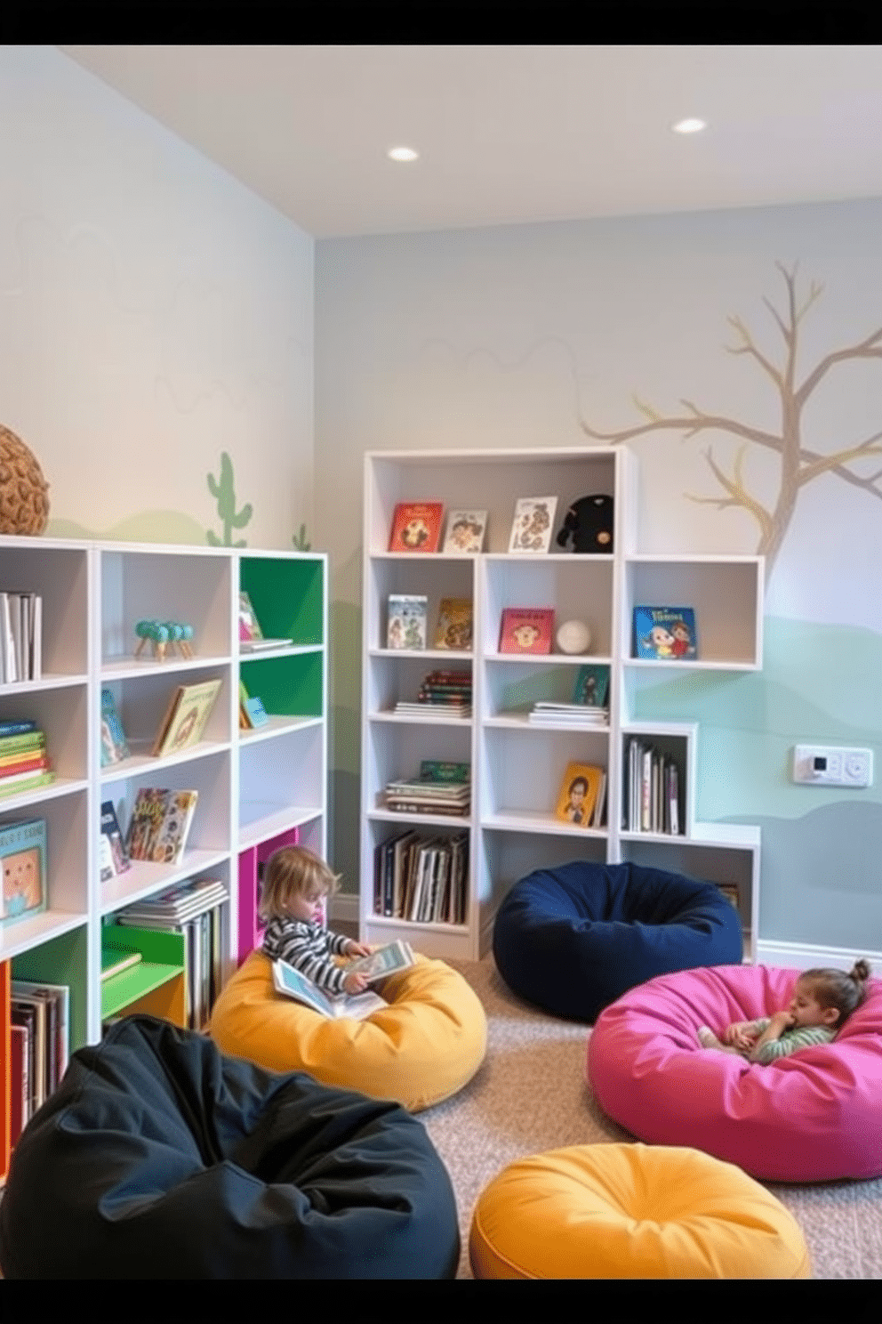 A cozy playroom filled with interactive bookshelves designed to encourage reading. The shelves are colorful and modular, allowing children to easily access a variety of books while creating a playful atmosphere. The walls are adorned with whimsical murals and soft, inviting colors that stimulate creativity. Plush seating areas with bean bags and floor cushions provide comfortable spots for kids to dive into their favorite stories.