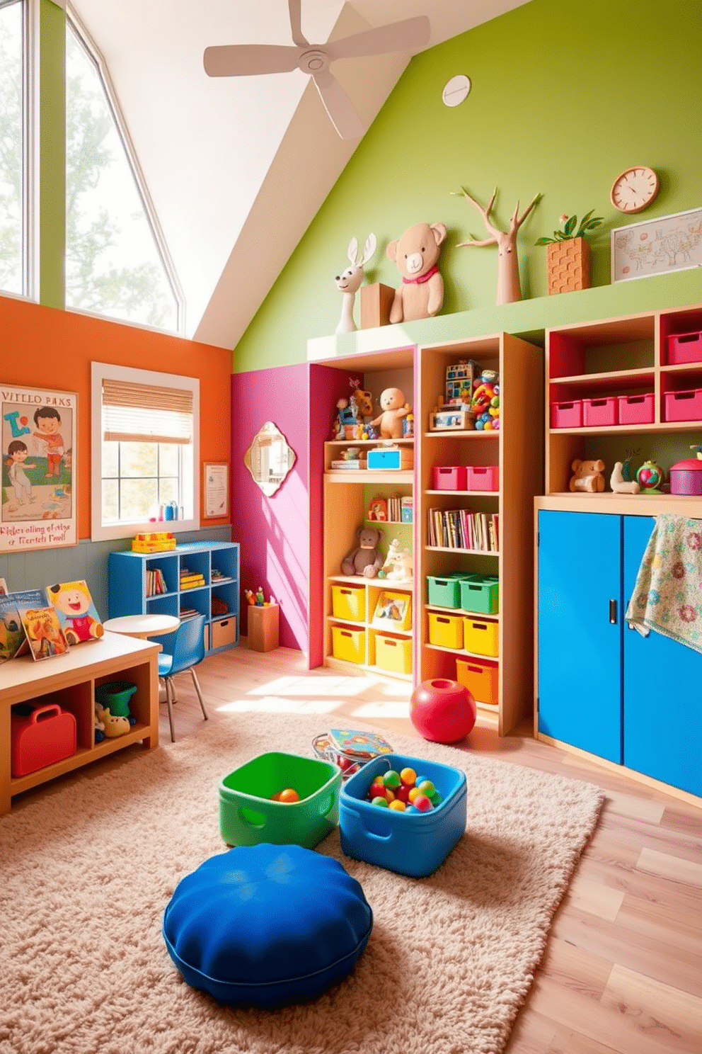 A whimsical playroom designed for creativity and fun. The space features vibrant wall colors and playful furniture, including a cozy reading nook with built-in hidden storage compartments for clutter control. Soft, plush rugs provide a comfortable area for play, while colorful bins and shelves keep toys organized and accessible. Large windows allow natural light to flood the room, creating an inviting atmosphere for children to explore and engage in imaginative activities.