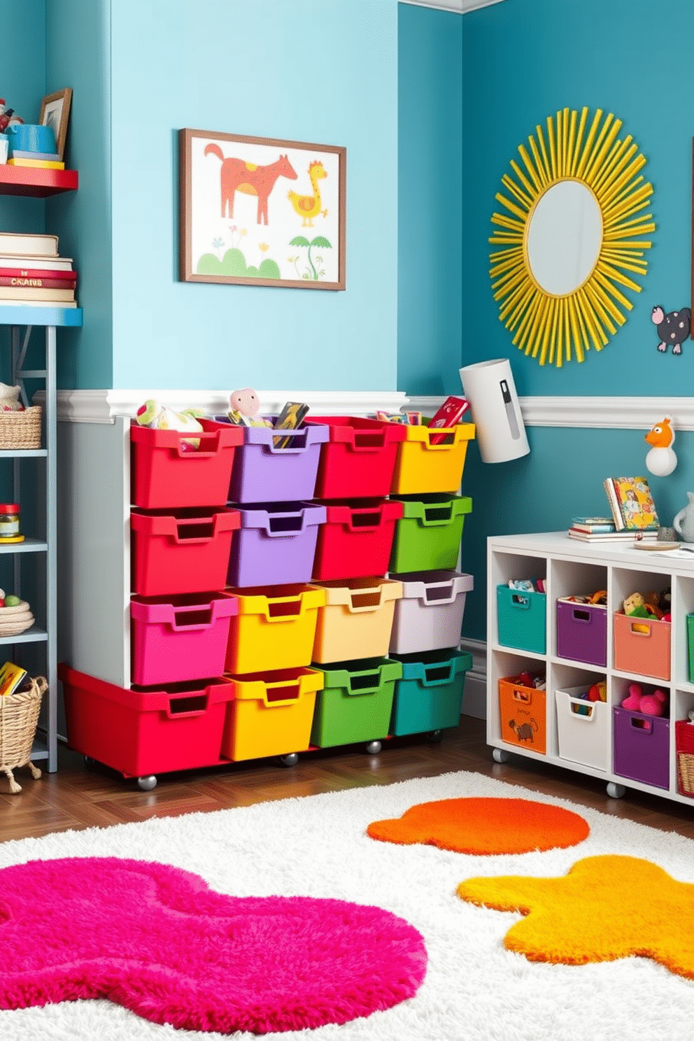 A vibrant playroom filled with colorful toy bins that add both organization and style. The bins are arranged neatly along a wall, featuring a mix of bright primary colors and playful patterns, creating an inviting atmosphere for children. Soft, plush rugs in playful shapes cover the floor, providing a cozy area for play. Brightly colored wall art and whimsical decor enhance the cheerful vibe, making this space perfect for creativity and fun.