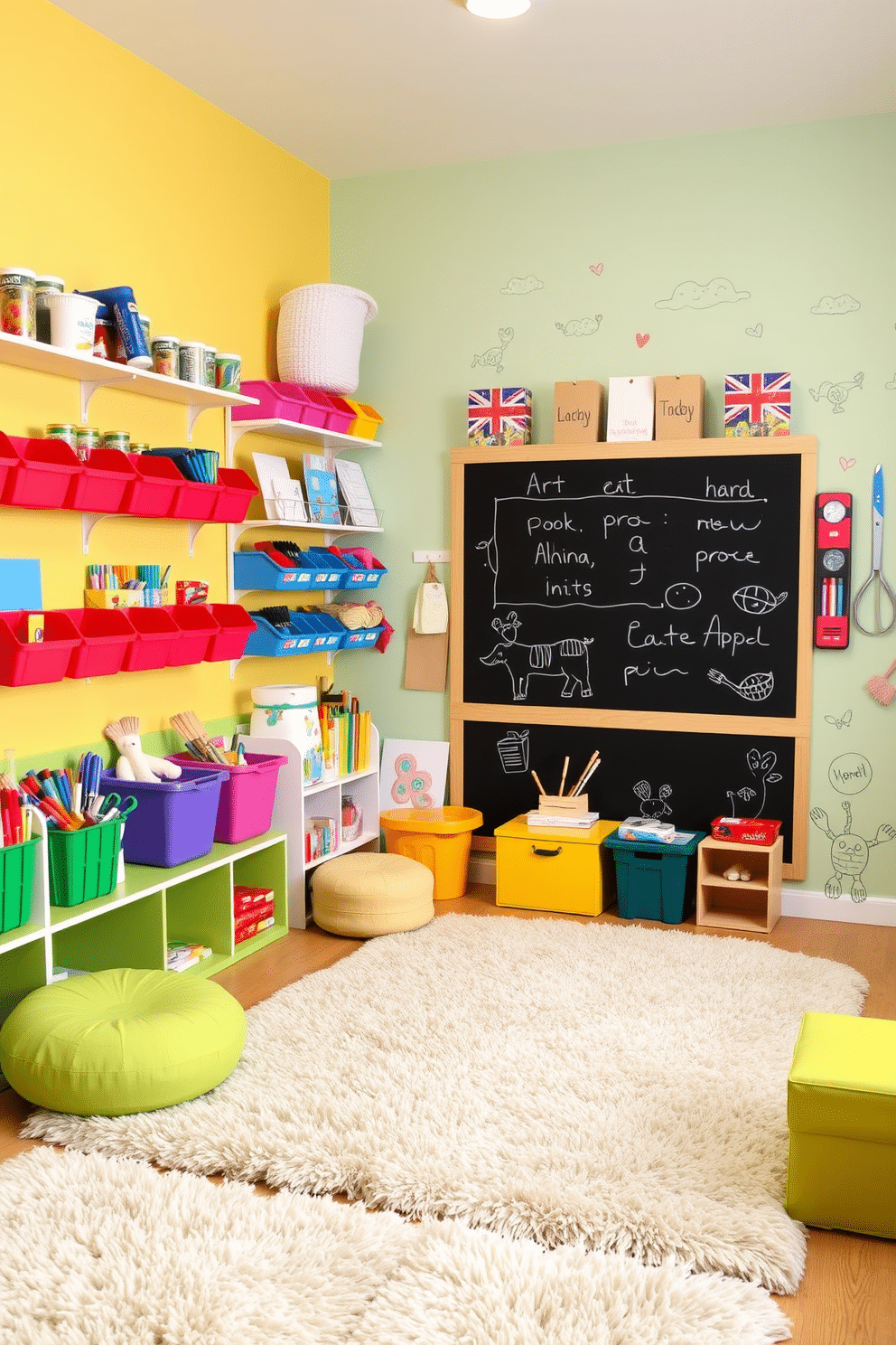 A vibrant playroom filled with wall-mounted art supplies for easy access. The walls are painted in cheerful pastel colors, and a variety of shelves display colorful bins filled with art materials like paints, markers, and paper. Soft, plush rugs cover the floor, creating a cozy area for children to sit and create. A large chalkboard wall encourages creativity, while whimsical wall decals add a playful touch to the overall design.