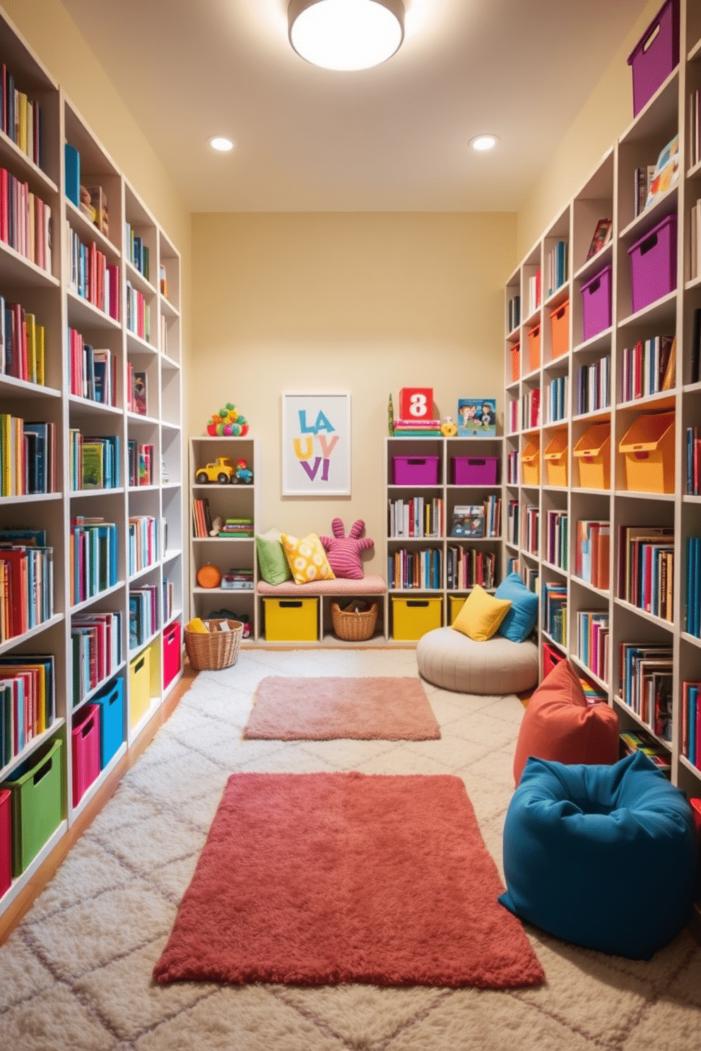 A cozy playroom features floor-to-ceiling bookshelves filled with colorful children's books and toys, creating an inviting atmosphere. Soft, plush rugs cover the floor, while playful wall art and vibrant cushions add splashes of color and creativity to the space. In one corner, a small reading nook is designed with a cushioned bench and oversized pillows, perfect for quiet time. Brightly colored storage bins and baskets are neatly organized on the shelves, ensuring a tidy yet playful environment for kids to explore and enjoy.