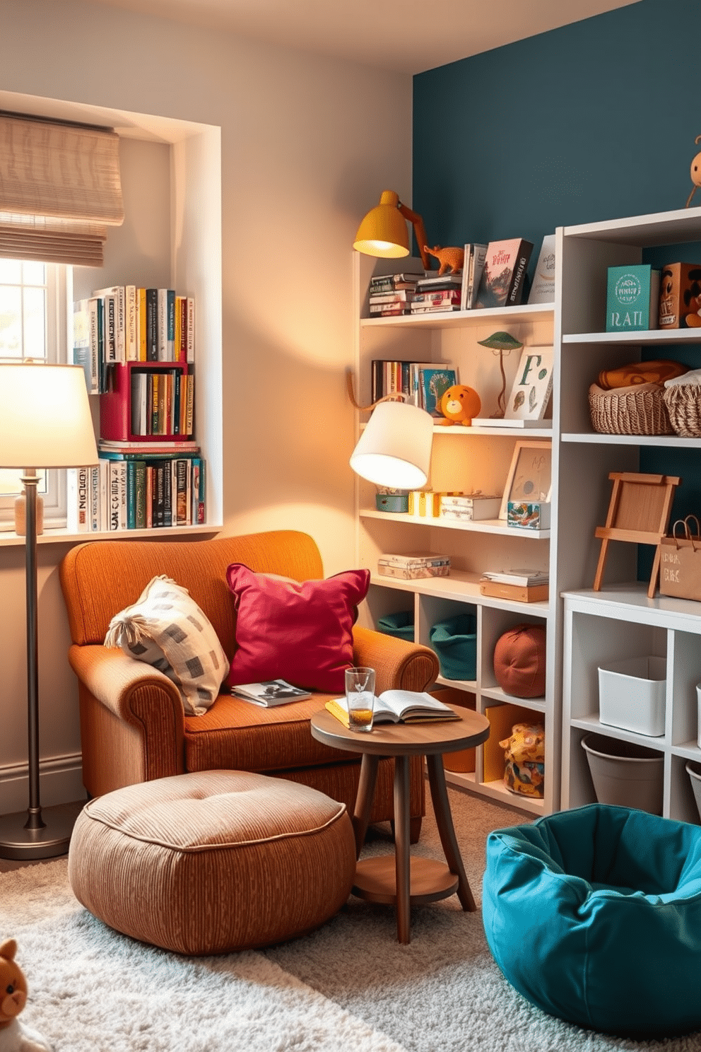 Cozy reading nook with soft cushions. A plush armchair upholstered in a warm, textured fabric sits in the corner, surrounded by an array of colorful throw pillows. A small wooden side table holds a stack of books and a steaming cup of tea, while a floor lamp with a soft glow illuminates the space. Shelves lined with books and personal mementos create an inviting atmosphere, and a soft area rug adds warmth underfoot. Havenly playroom design ideas. Brightly colored walls create a cheerful backdrop for a variety of play zones, including a cozy reading corner filled with bean bags and a creative art station with easels and supplies. Durable, easy-to-clean flooring allows for safe play, while whimsical decor, such as playful wall decals and fun light fixtures, sparks imagination. Storage solutions like bins and shelves keep toys organized, ensuring a tidy and functional space for children to explore and create.