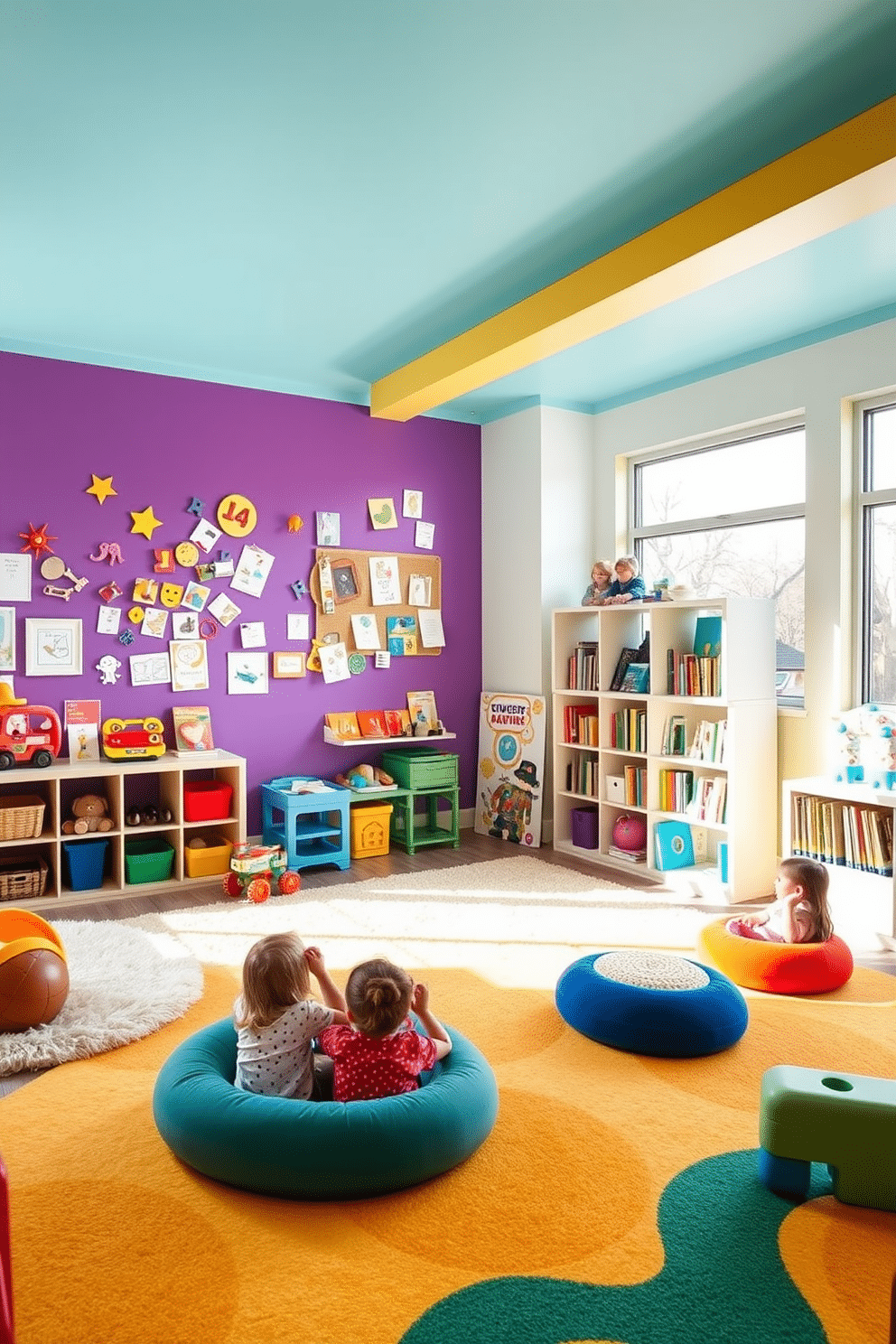 A vibrant playroom designed for educational activities features a magnetic wall painted in a bright, cheerful color, perfect for attaching learning materials and art projects. Soft, plush rugs cover the floor, providing a comfortable space for children to sit and engage in creative play. The room includes a variety of interactive learning toys and bookshelves filled with colorful books, encouraging exploration and discovery. Large windows let in natural light, enhancing the cheerful atmosphere and making it an inviting space for children to learn and play.