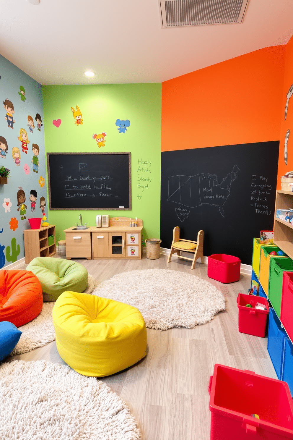 A vibrant play zone designed for children, featuring colorful wall decals of their favorite characters. The space is filled with soft, plush rugs and bean bags, creating a cozy area for reading and relaxation. In one corner, a wooden play kitchen is surrounded by miniature furniture, while a chalkboard wall invites creativity and artistic expression. Brightly colored storage bins neatly organize toys, ensuring the area remains tidy and inviting for playtime.