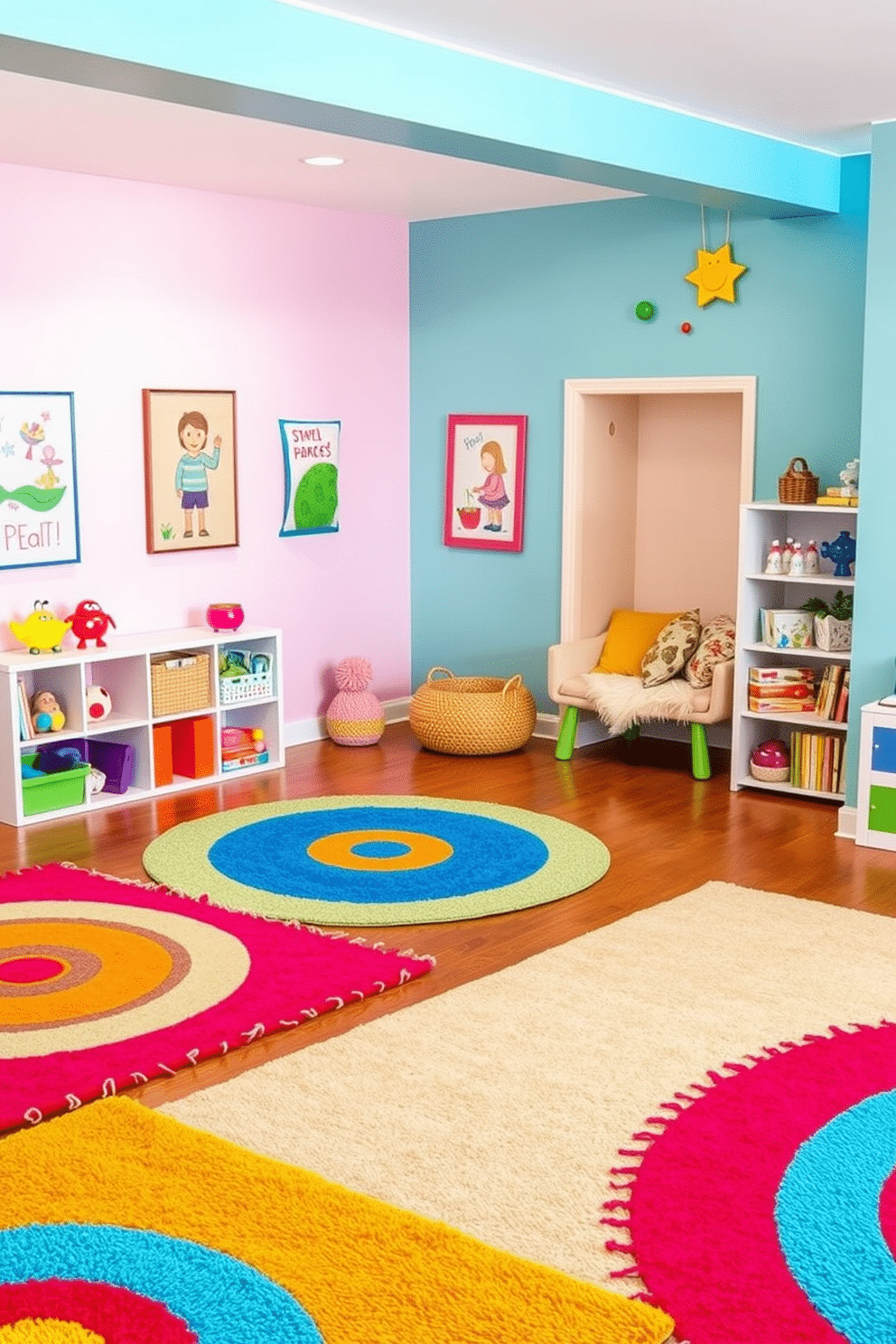 A vibrant playroom filled with bright, colorful rugs that delineate distinct play areas for children. The rugs feature playful patterns and textures, creating an inviting atmosphere for creative activities and games. The walls are adorned with cheerful artwork and soft, child-friendly colors that enhance the playful vibe. A cozy reading nook with plush cushions is nestled in one corner, encouraging relaxation and imagination.