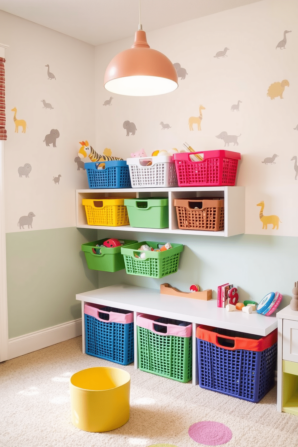 A whimsical playroom designed for children, featuring colorful storage baskets that are easily accessible for toy organization. The walls are painted in soft pastel shades, complemented by playful wall decals of animals and shapes, creating an inviting atmosphere for play and creativity.