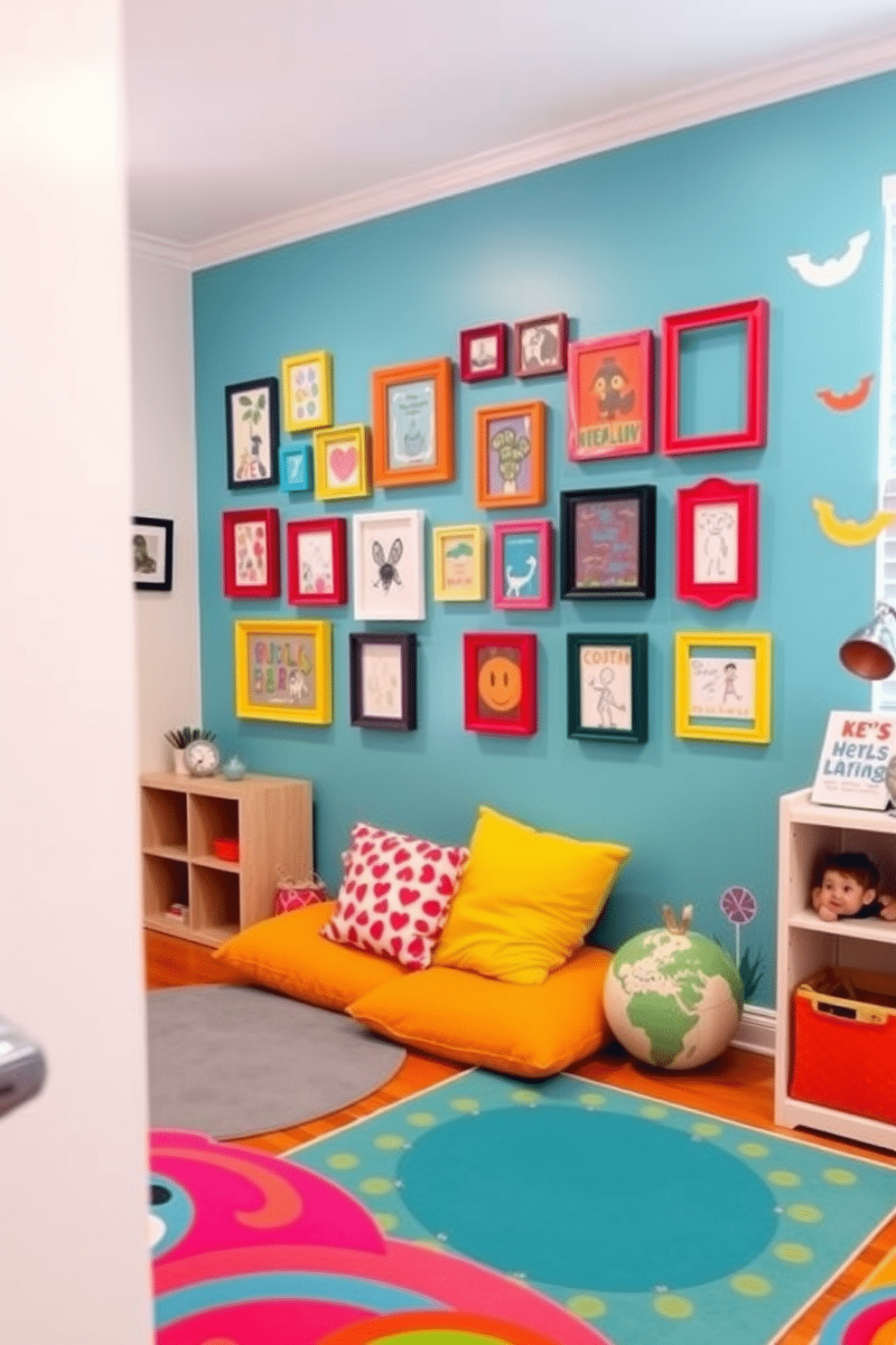 A vibrant art display wall showcasing children's creations. The wall is painted in a cheerful light blue and features colorful frames of various sizes, each holding a different piece of artwork. The playroom is designed with whimsical elements, including a cozy reading nook with oversized cushions and a small bookshelf. Brightly colored rugs and playful wall decals add to the fun atmosphere, making it an inviting space for creativity and play.