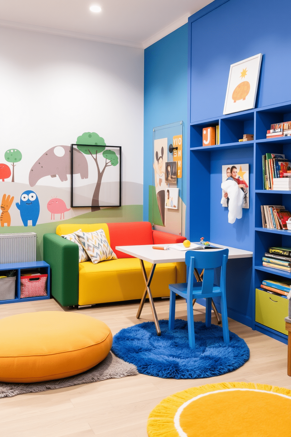 A stylish playroom featuring multifunctional furniture that maximizes space efficiency. A vibrant, modular sofa doubles as storage, while a foldable table provides a creative workspace for kids. The walls are adorned with colorful murals, creating an inviting atmosphere. Plush rugs in playful patterns cover the floor, and a wall-mounted bookshelf displays toys and books neatly organized.