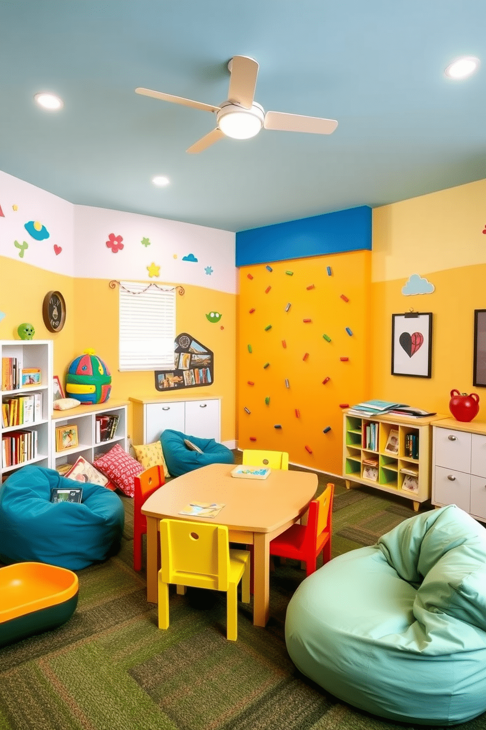 A vibrant playroom designed for creativity and fun, featuring a mini climbing wall that encourages active play. The walls are painted in bright, cheerful colors, with playful wall decals and a soft, textured carpet for comfort. In one corner, a cozy reading nook is created with oversized bean bags and shelves filled with colorful books. The room also includes a large play table surrounded by child-sized chairs, perfect for arts and crafts activities.