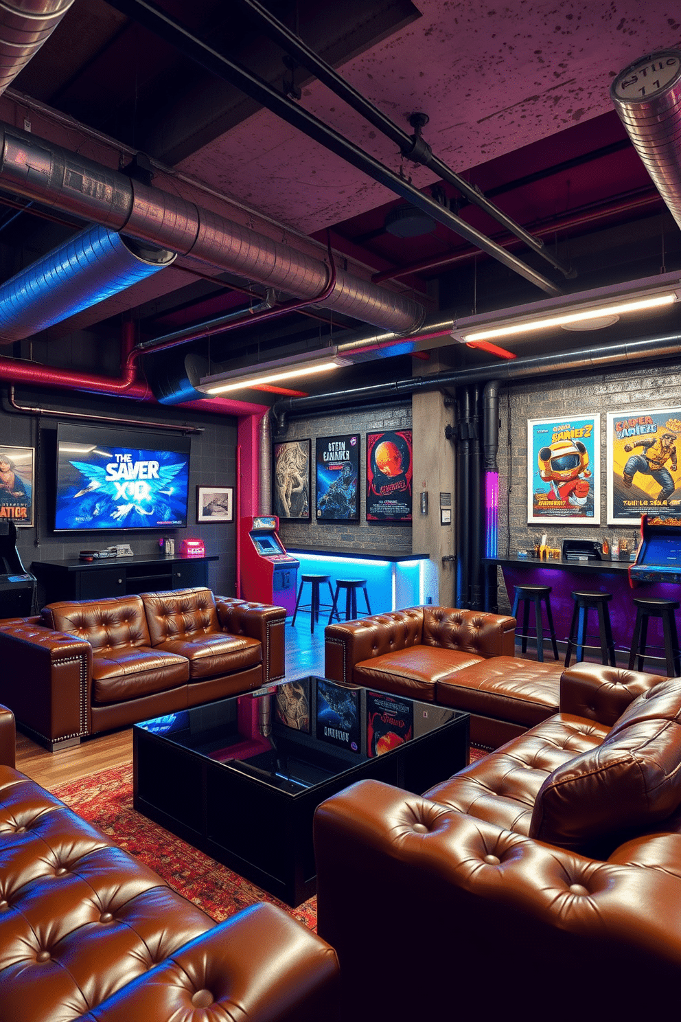 An industrial-style gaming lounge features exposed pipes and a concrete ceiling, creating a raw and edgy atmosphere. The space is furnished with oversized leather sofas and a sleek glass coffee table, complemented by neon accent lighting that enhances the gaming experience. The walls are adorned with vintage gaming posters, and a large flat-screen TV is mounted for immersive gameplay. A custom-built bar area with high stools provides a perfect spot for refreshments, while a selection of retro arcade machines adds a nostalgic touch to the room.