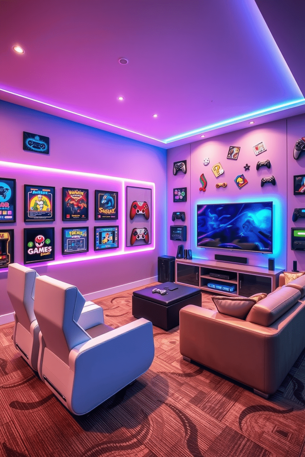 A vibrant game room featuring interactive wall art that showcases various gaming themes, including retro arcade designs and modern gaming consoles. The walls are adorned with framed prints of iconic video game characters, while LED strip lights highlight the art, creating an immersive atmosphere. The room is furnished with sleek gaming chairs and a spacious modular sofa, providing ample seating for friends and family. A large flat-screen TV is mounted on the wall, with a custom-built entertainment center that houses gaming consoles and accessories, ensuring a stylish and functional space for gaming enthusiasts.