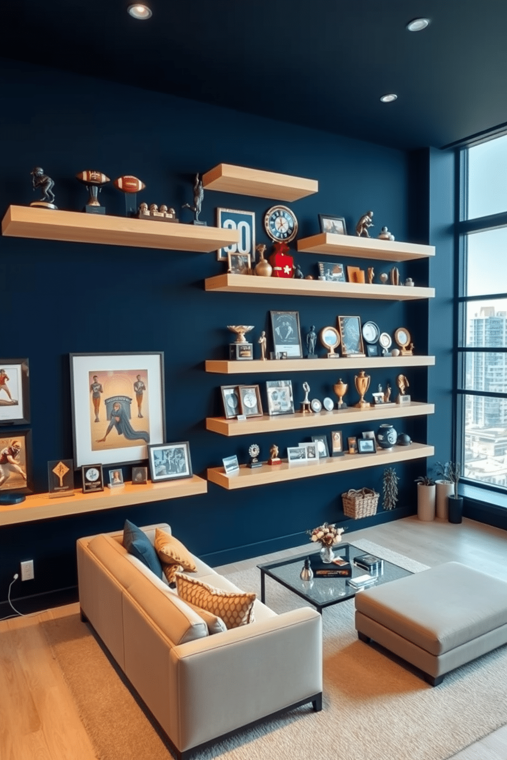 A modern game room featuring sleek floating shelves designed to showcase collectibles and trophies. The walls are painted a deep navy blue, creating a striking contrast with the light wood shelves that hold an array of sports memorabilia and awards. The room includes a comfortable sectional sofa in a neutral tone, positioned around a stylish coffee table. Large windows provide ample natural light and a view of the city skyline, enhancing the vibrant atmosphere of the space.