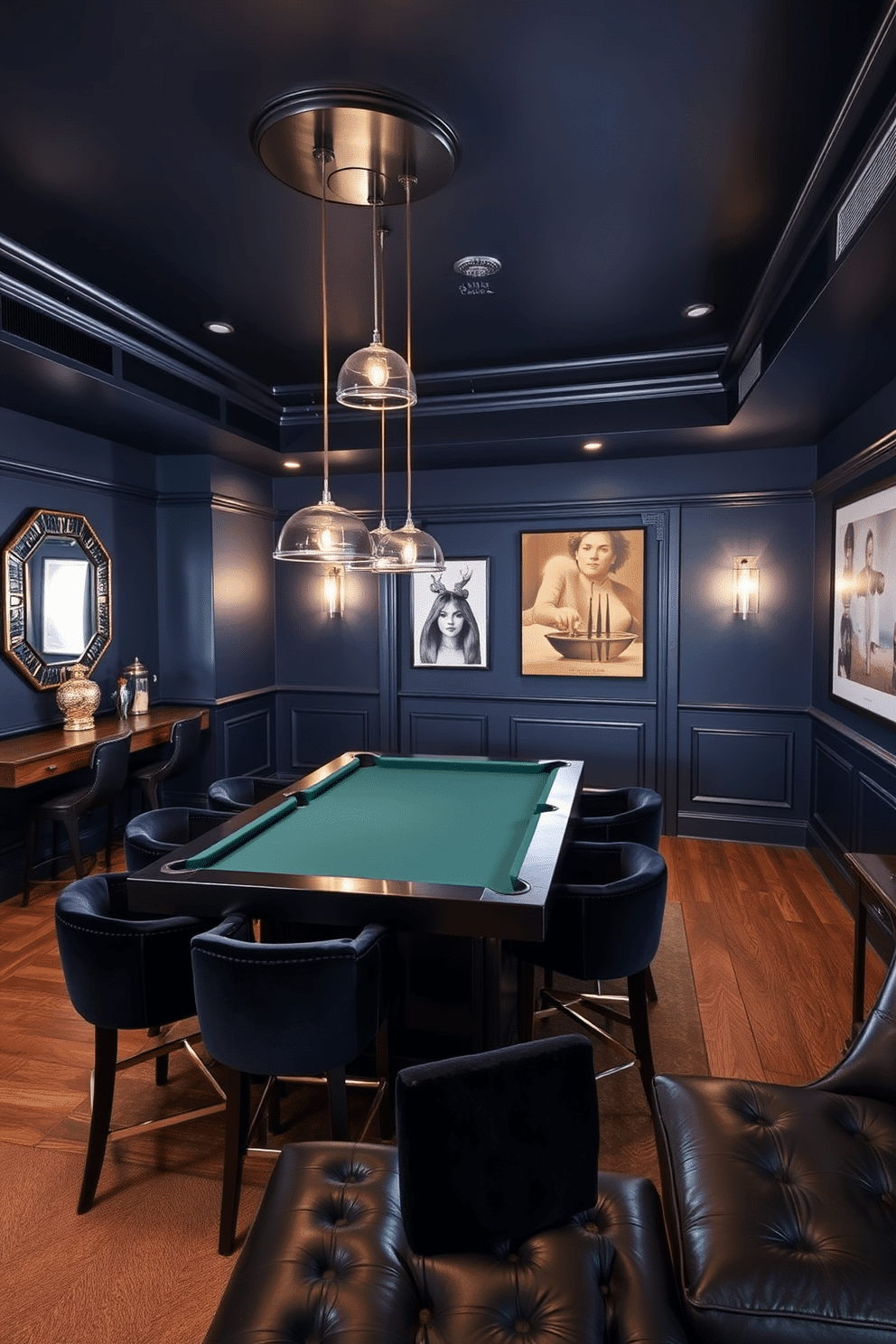 A high-rise game room featuring a dark color palette that creates a moody and inviting atmosphere. The walls are painted in deep navy blue, complemented by black leather furniture and rich wooden accents. In the center of the room, a sleek pool table is surrounded by stylish bar stools upholstered in dark velvet. Ambient lighting fixtures hang from the ceiling, casting a warm glow over the space and enhancing the overall sophistication.