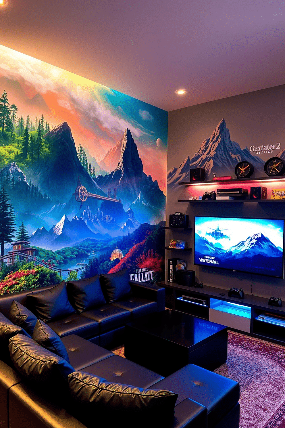 A vibrant custom mural depicting iconic landscapes from your favorite games covers one wall, featuring lush forests, futuristic cities, and dramatic mountains. The mural serves as a stunning focal point in the room, inviting gamers into a world of adventure. The game room is designed with sleek, modern furnishings, including a sectional sofa with plush cushions and a large flat-screen TV mounted on the opposite wall. Ambient lighting enhances the atmosphere, while shelves filled with collectibles and gaming memorabilia add a personal touch to the space.