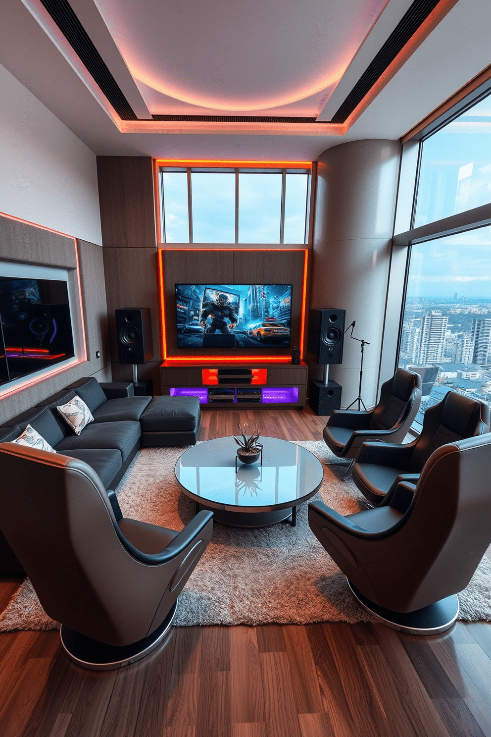 A modern game room in a high-rise apartment featuring an integrated sound system for surround sound. The space includes a sleek sectional sofa, a large flat-screen TV mounted on the wall, and a custom-built gaming console with ambient LED lighting. The walls are adorned with acoustic panels to enhance sound quality, while large windows offer breathtaking city views. A stylish coffee table sits in the center, surrounded by plush gaming chairs, creating an inviting atmosphere for entertainment and relaxation.