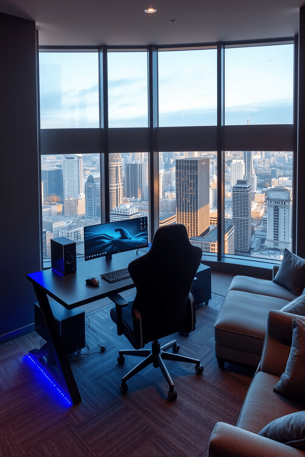 A modern gaming desk featuring sleek lines and integrated cable management solutions to maintain a clean aesthetic. The desk is paired with an ergonomic chair, positioned in front of a large monitor setup and surrounded by ambient LED lighting. The highrise game room boasts floor-to-ceiling windows that offer breathtaking city views. The space is designed with soundproofing elements, plush seating, and a dedicated area for console gaming, creating an immersive experience.