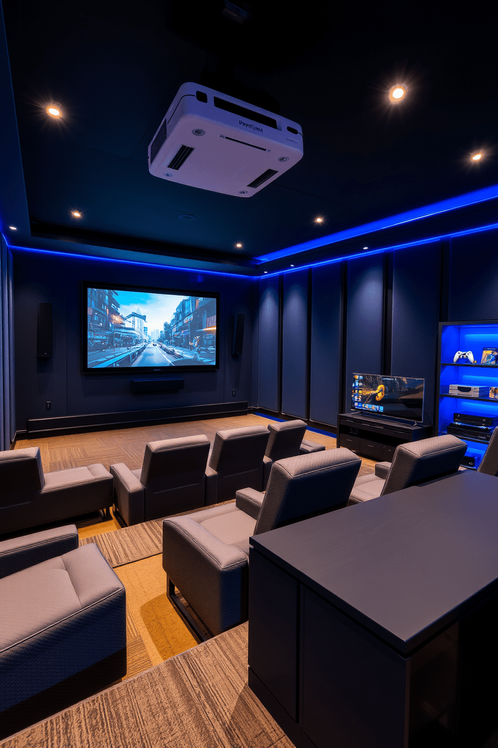 A high-end game room designed for cinematic gaming features a large screen projector mounted on the ceiling, casting vibrant images onto a dedicated wall. Plush, tiered seating with built-in speakers ensures an immersive viewing experience, while ambient LED lighting enhances the overall atmosphere. The walls are adorned with acoustic panels in deep blue tones, providing both style and soundproofing. A sleek gaming console station is positioned nearby, complete with custom shelving for games and accessories, creating an organized and visually appealing space.