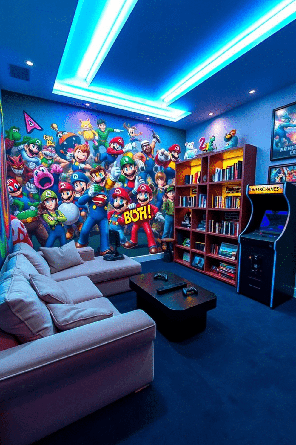 A vibrant game room featuring a large mural of iconic video game characters on one wall, showcasing a colorful blend of styles and personalities. The space includes a plush sectional sofa, a coffee table with gaming consoles, and ambient LED lighting that enhances the playful atmosphere. In the corner, a sleek arcade machine stands next to a custom-built bookshelf filled with video game memorabilia. The flooring is a soft carpet in dark blue, providing comfort for long gaming sessions, while framed art prints of classic game covers adorn the remaining walls.