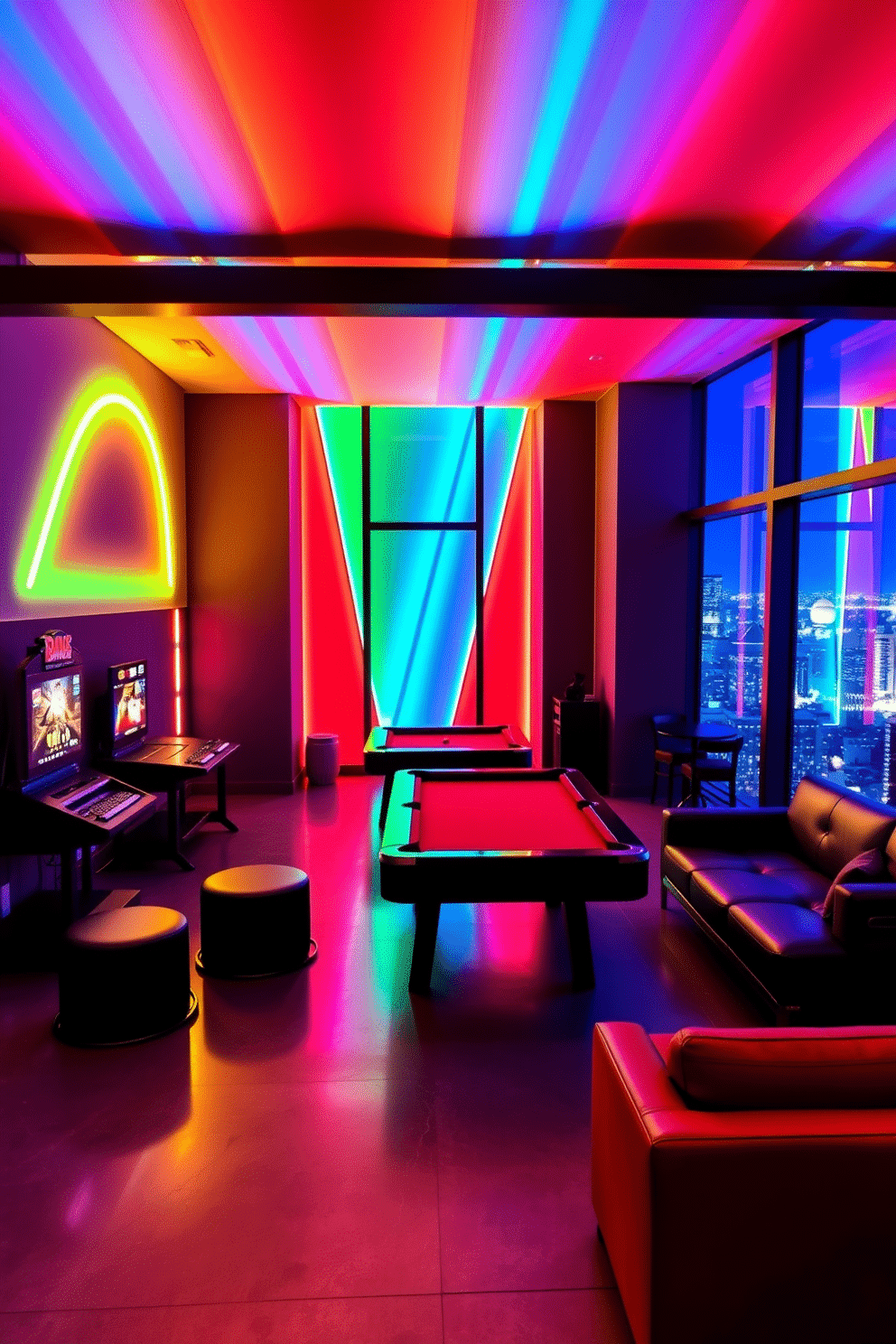 A vibrant game room featuring a neon accent wall illuminated by dynamic LED lighting. The space is filled with modern gaming consoles, a sleek pool table, and comfortable seating that invites relaxation and fun. Large windows offer a stunning view of the city skyline, enhancing the high-rise atmosphere. The flooring is a polished concrete, providing an industrial feel that complements the energetic design.