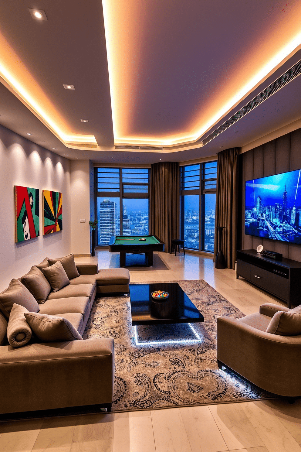 A modern game room in a high-rise apartment featuring smart lighting systems that adjust to create the perfect ambiance for gaming and relaxation. The walls are adorned with vibrant artwork, and plush seating is arranged around a sleek coffee table, with LED strip lights illuminating the space. The room includes a pool table and a gaming console setup, with a large screen mounted on one wall for immersive entertainment. Floor-to-ceiling windows provide stunning city views, while automated shades can be adjusted for optimal lighting conditions.