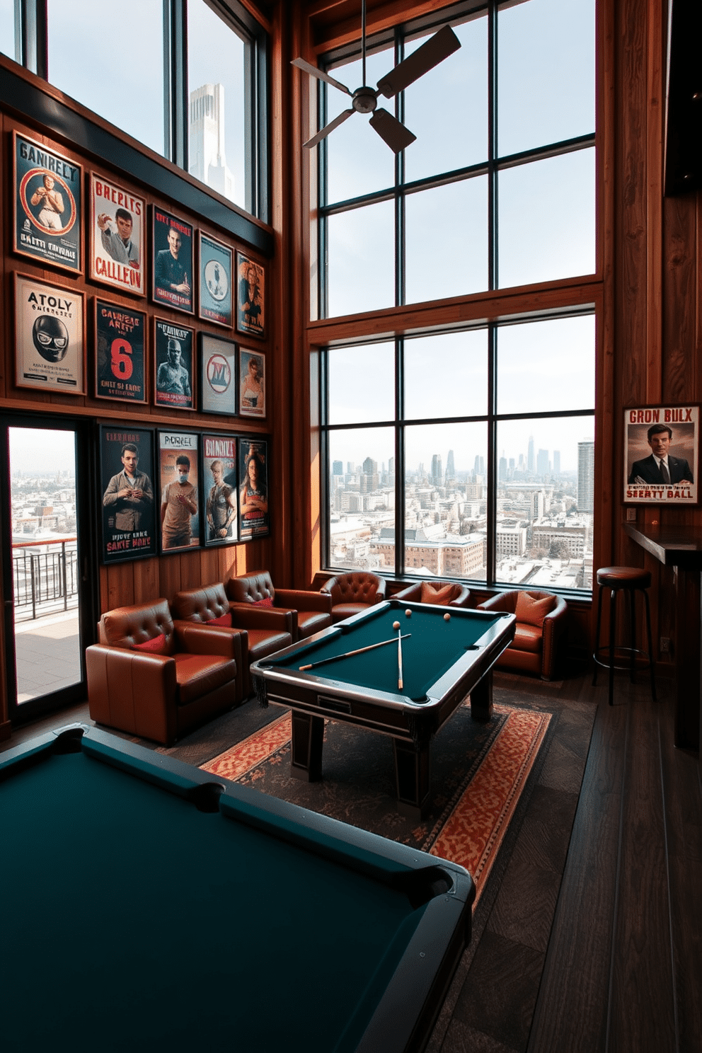 A cozy game room featuring high ceilings and large windows that offer a panoramic view of the city skyline. The walls are adorned with vintage posters framed in rustic wood, creating a nostalgic atmosphere that invites relaxation and fun. The centerpiece of the room is a stylish pool table, surrounded by plush seating in rich leather tones. A sleek bar area with high stools complements the space, providing a perfect spot for entertaining friends and enjoying game nights.