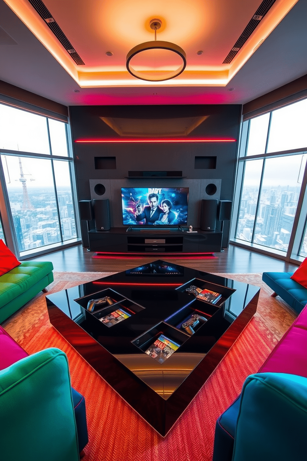 A sleek gaming-themed coffee table features a glossy black finish with built-in storage compartments for controllers and game discs. The table is surrounded by comfortable, low-profile seating in vibrant colors, creating an inviting space for friends to gather and enjoy gaming sessions. The high-rise game room is designed with floor-to-ceiling windows that offer stunning city views, filled with natural light. Modern gaming consoles and a large flat-screen TV are mounted on the wall, complemented by soundproofing elements and LED lighting for an immersive gaming experience.