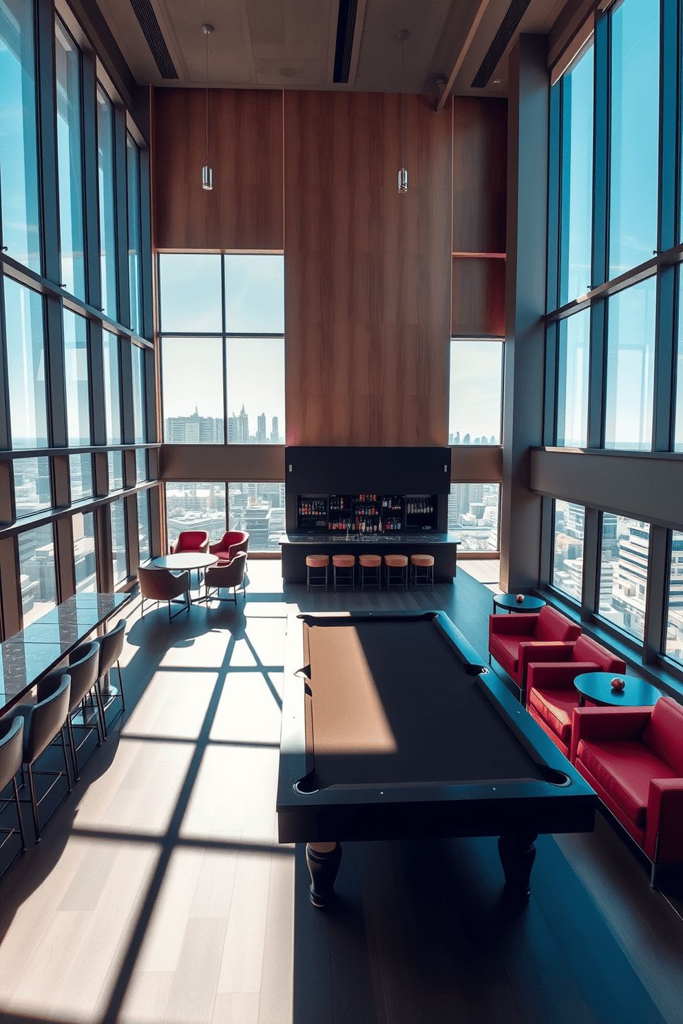 A high-rise game room with floor-to-ceiling windows allows natural light to flood the space, creating a vibrant and inviting atmosphere. The room features a sleek billiards table at the center, surrounded by modern lounge seating in rich colors, and a stylish bar area stocked with premium beverages.