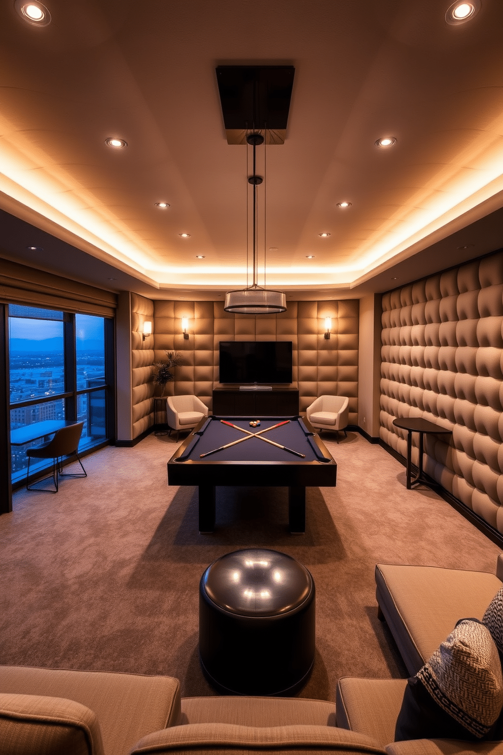 Padded wall panels in a high-rise game room create a cozy yet stylish atmosphere, offering both comfort and aesthetic appeal. The room features plush, tufted panels in a neutral tone, enhancing sound insulation while adding a touch of luxury to the space. The game room includes a sleek pool table at the center, surrounded by modern seating options that invite relaxation and social interaction. Large windows provide breathtaking city views, while ambient lighting fixtures create a warm, inviting glow for evening gatherings.