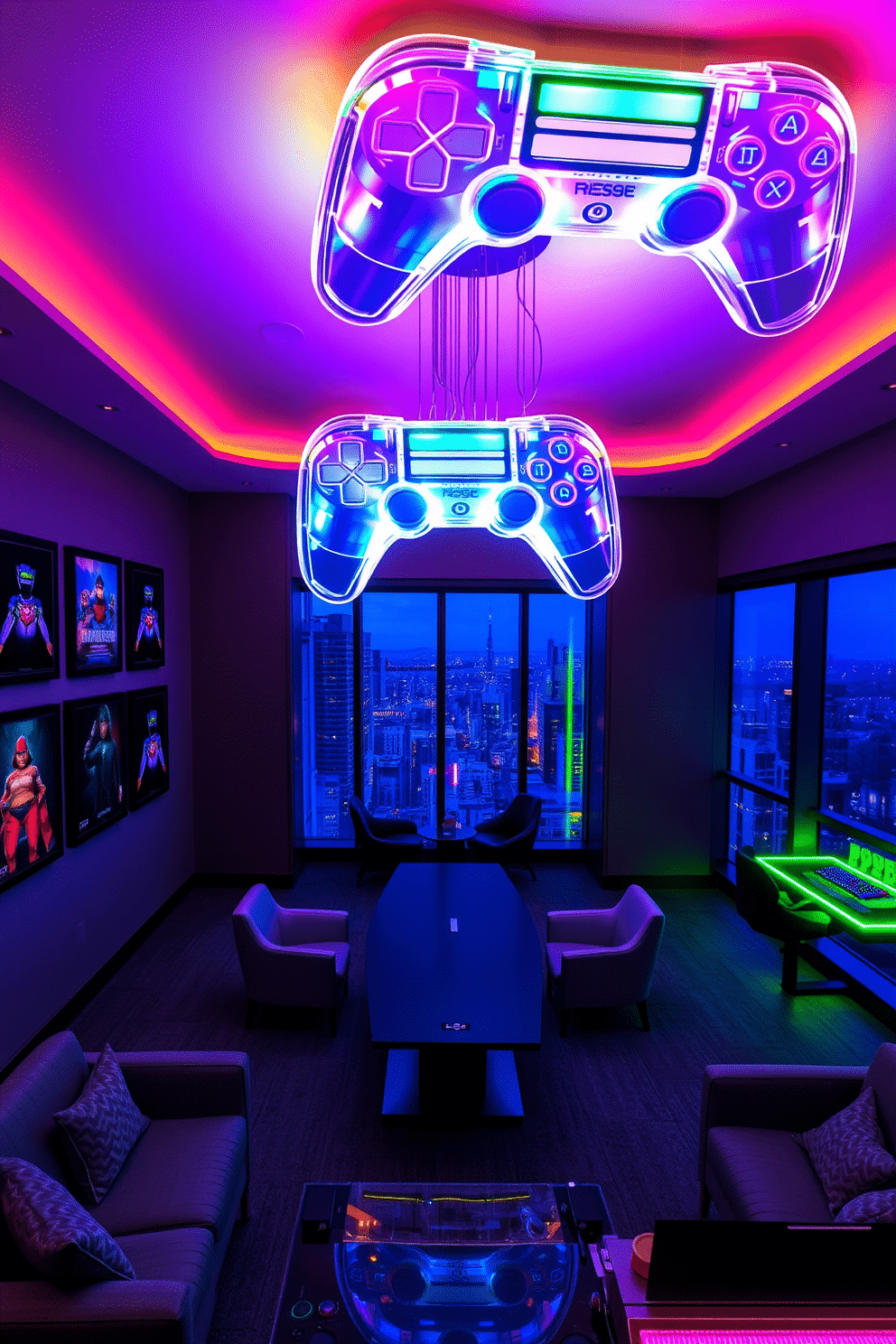 A stunning gaming-themed chandelier hangs from the ceiling, crafted in the shape of iconic gaming controllers, with LED lights that illuminate the room in vibrant colors. Below, a sleek gaming table is surrounded by comfortable chairs, and the walls are adorned with framed artwork featuring classic video game characters. The high-rise game room features floor-to-ceiling windows that offer breathtaking city views, with plush seating arranged for optimal comfort during gaming sessions. A custom bar area with neon lighting complements the space, providing an inviting atmosphere for both gaming and entertaining guests.