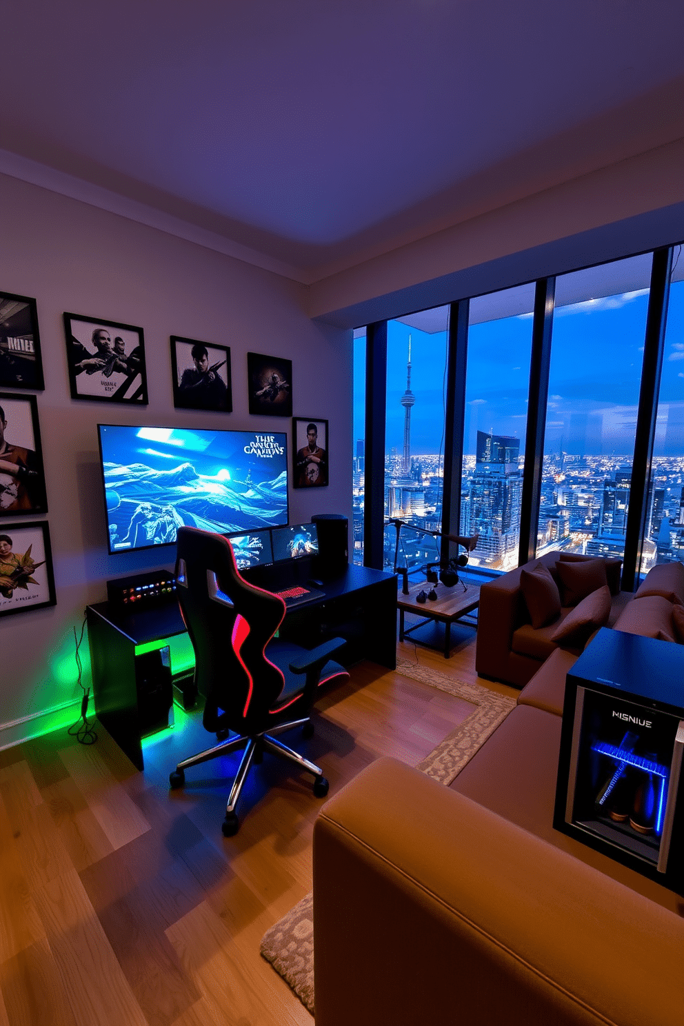 A customized gaming setup featuring a sleek black gaming desk with RGB lighting accents, paired with an ergonomic gaming chair in a vibrant color. The walls are adorned with framed posters of favorite games, and a large LED screen dominates the space, creating an immersive atmosphere. In the high-rise game room, expansive windows offer stunning city views, while plush seating arrangements invite friends to gather. The room is equipped with a state-of-the-art sound system and a mini-fridge stocked with beverages for endless gaming sessions.