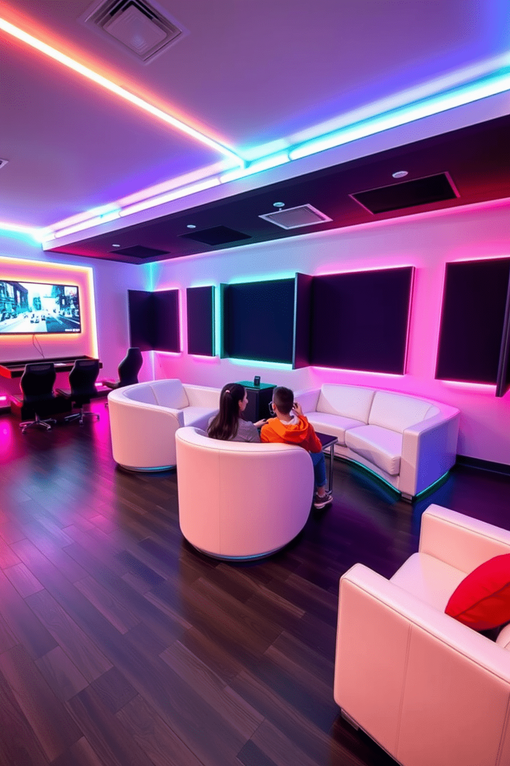 A vibrant interactive gaming area featuring a dedicated VR space. The walls are adorned with colorful LED lighting, and plush seating arrangements invite friends to gather and enjoy immersive experiences. The flooring is a sleek dark laminate, providing a modern contrast to the bright decor. A large wall-mounted screen displays game graphics, while soundproof panels enhance the audio experience, ensuring an engaging atmosphere for gaming enthusiasts.