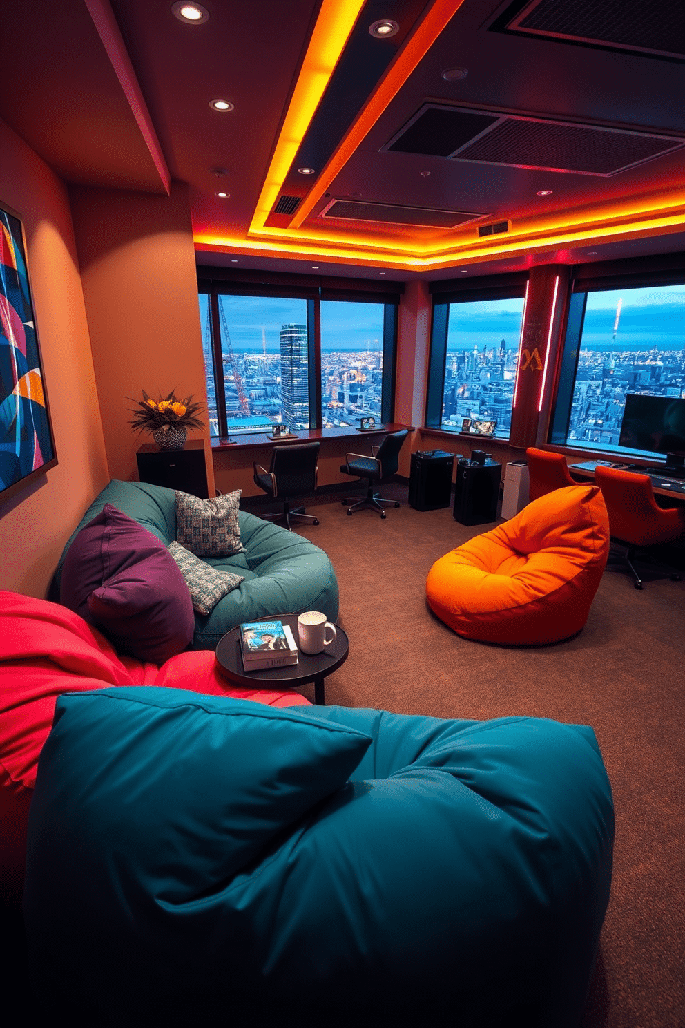 A cozy corner features oversized bean bags in vibrant colors, surrounded by plush cushions of various textures. Soft, warm lighting creates an inviting atmosphere, while a small side table holds a stack of books and a steaming mug of tea. The high-rise game room showcases sleek, modern gaming consoles and comfortable seating arranged for optimal viewing. Large windows offer stunning city views, while neon accents and wall art add a playful touch to the sophisticated design.