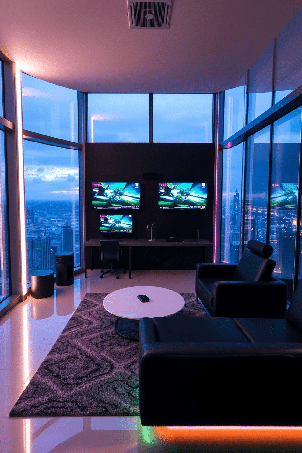 A modern high-rise game room featuring wall-mounted gaming consoles to maximize floor space. The room is designed with sleek, minimalist furniture and large windows offering stunning city views, complemented by ambient LED lighting.