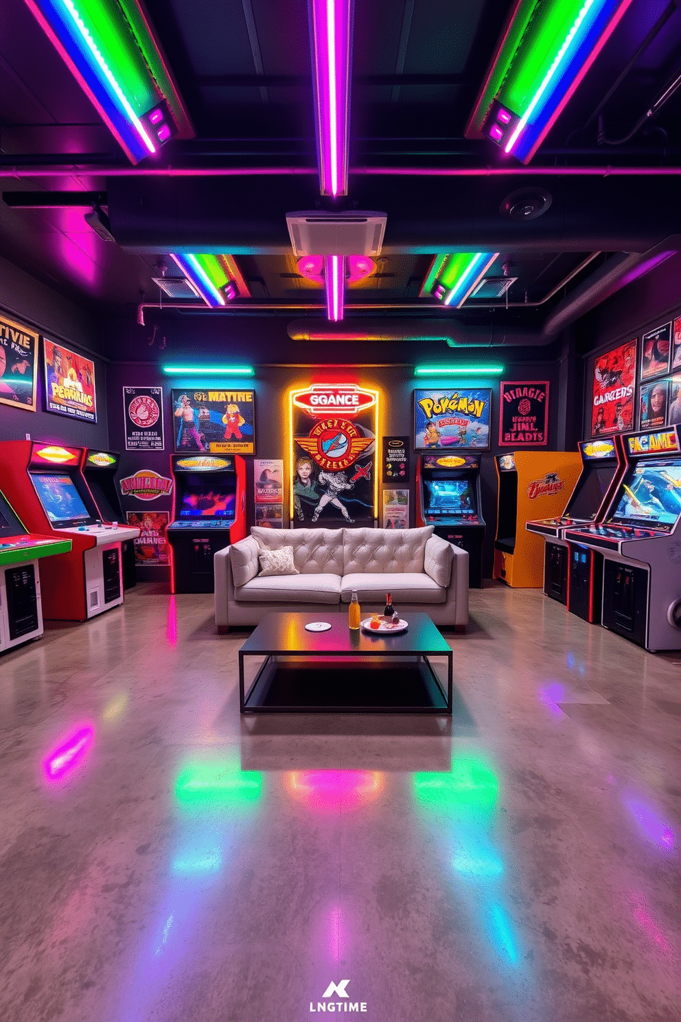 A stylish game room featuring vintage arcade machines as decor pieces. The walls are adorned with retro posters, and colorful LED lights illuminate the space, creating a vibrant atmosphere. In the center, a plush sectional sofa invites relaxation, while a sleek coffee table holds snacks and drinks. The flooring is a polished concrete, complementing the industrial vibe of the high-rise setting.