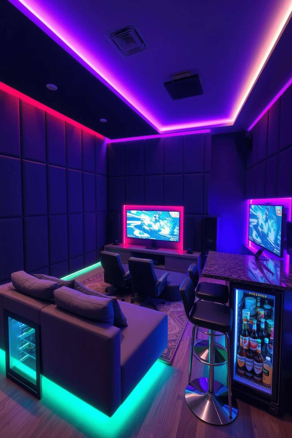 A modern highrise game room featuring soundproofing panels that enhance the immersive experience. The walls are adorned with sleek, dark acoustic panels, while a large sectional sofa faces a state-of-the-art gaming setup with multiple screens. The room is illuminated by ambient LED lighting that changes color, creating a dynamic atmosphere. A stylish bar area with high stools complements the gaming space, complete with a mini fridge stocked with refreshments.