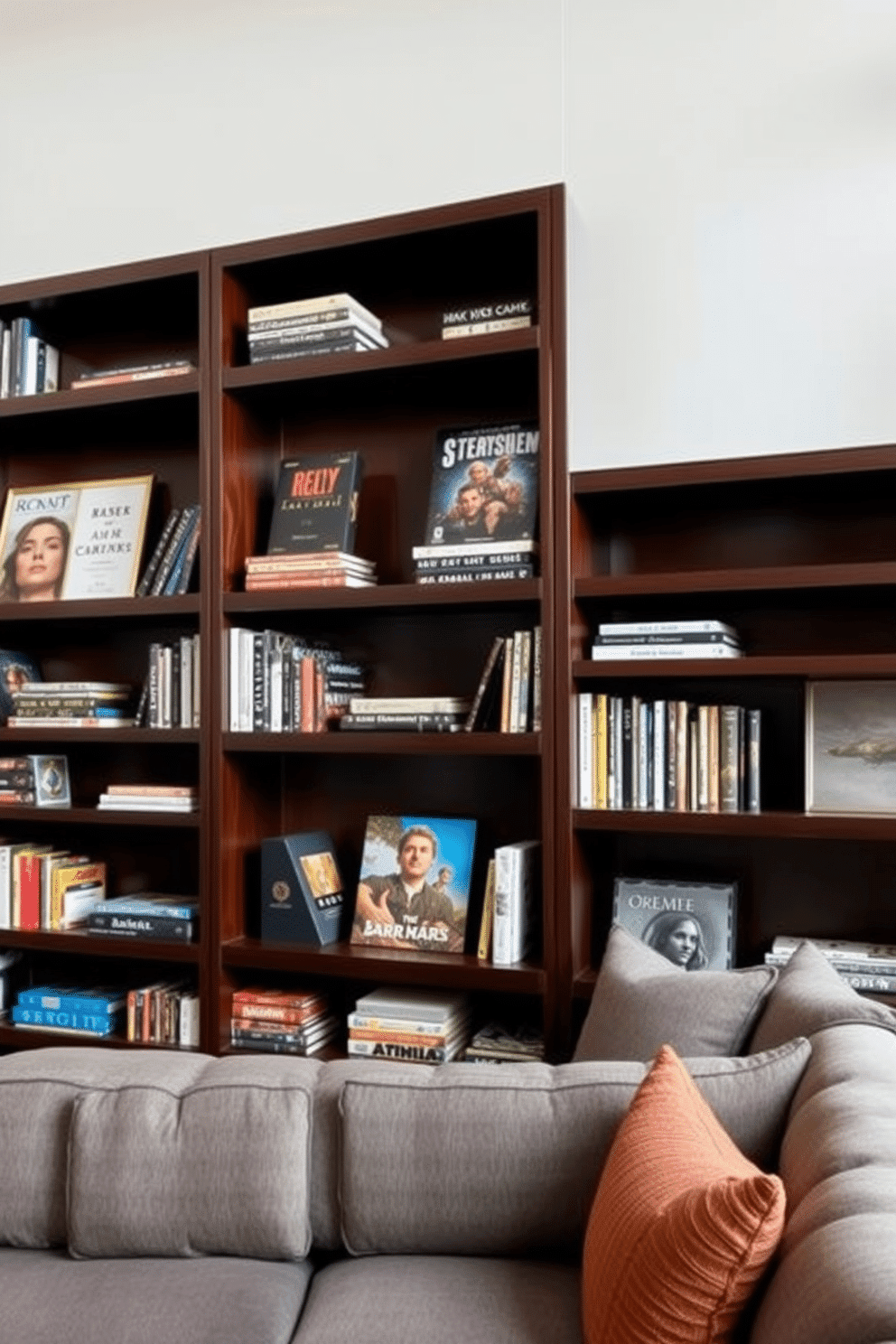 A modern high-rise game room featuring open shelving that elegantly displays a curated collection of board games and books. The shelves are crafted from dark wood, contrasting beautifully with the light gray walls, while a plush sectional sofa invites relaxation in the cozy space.