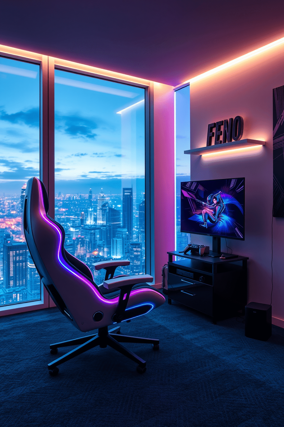 A sleek, futuristic gaming chair designed with ergonomic curves and integrated RGB lighting that changes colors based on the game being played. The chair is positioned in a modern highrise game room featuring floor-to-ceiling windows with a breathtaking city view, complemented by ambient LED strip lights along the walls. The game room is equipped with a large, ultra-wide gaming monitor mounted on a minimalist wall shelf, alongside a state-of-the-art gaming console. Plush carpeting in a deep blue hue enhances the room's comfort, while futuristic artwork adorns the walls, creating an immersive gaming environment.