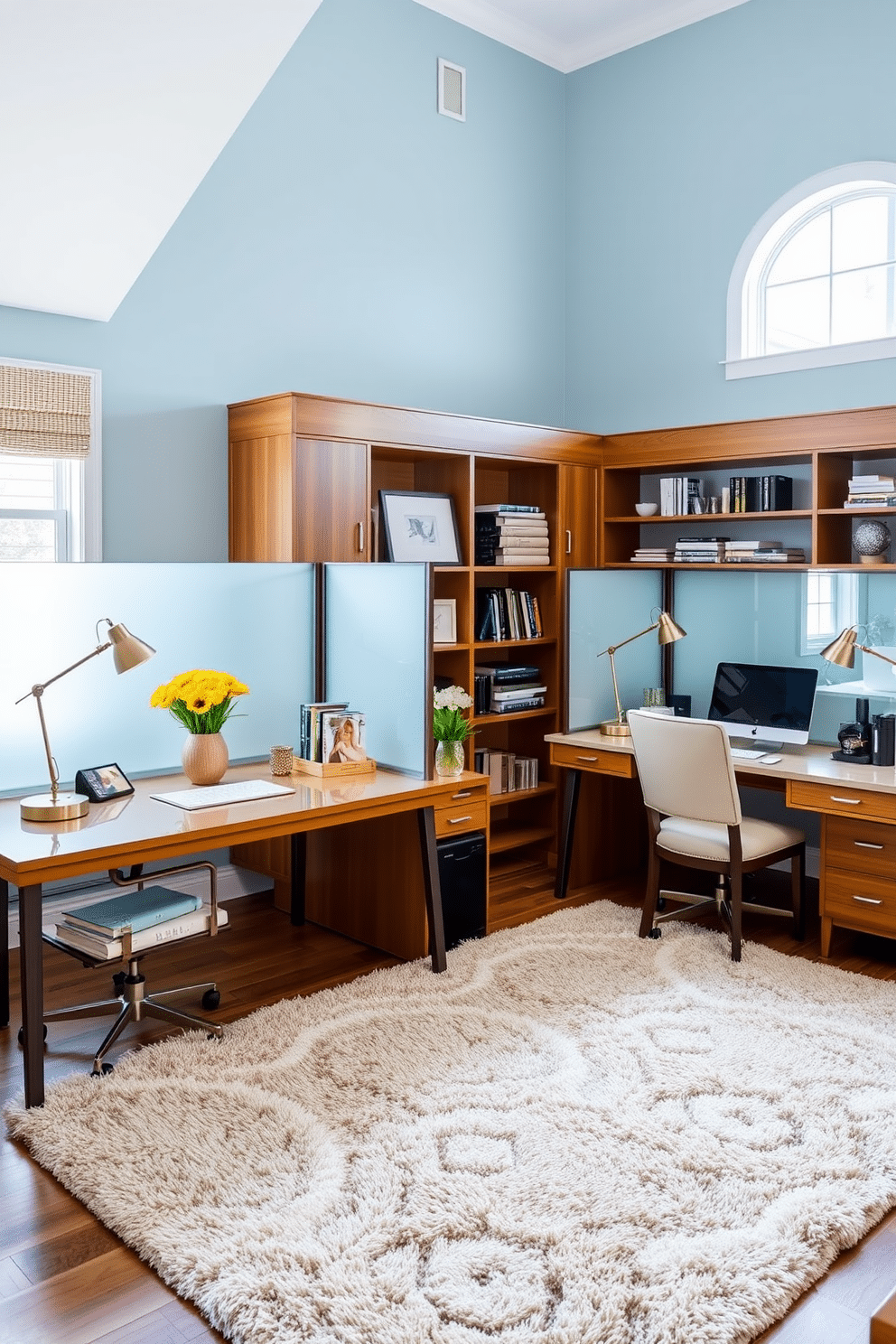 His and hers desks are positioned in a bright, airy home office, each adorned with elegant accessories and personal touches. Stylish dividers made of frosted glass separate the workspaces, providing privacy while maintaining an open feel. The walls are painted in a soft, calming blue, complemented by warm wooden accents throughout the room. A plush area rug in neutral tones anchors the space, while modern task lamps illuminate each desk, creating a productive yet inviting atmosphere.